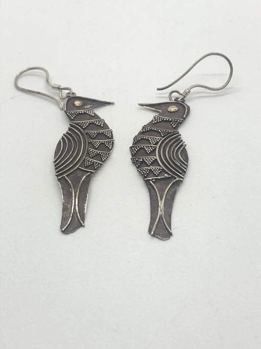Vintage Hand made Indonesian Sterling Silver with Gold Wash Earrings, Large, new old stock, pheasant bird