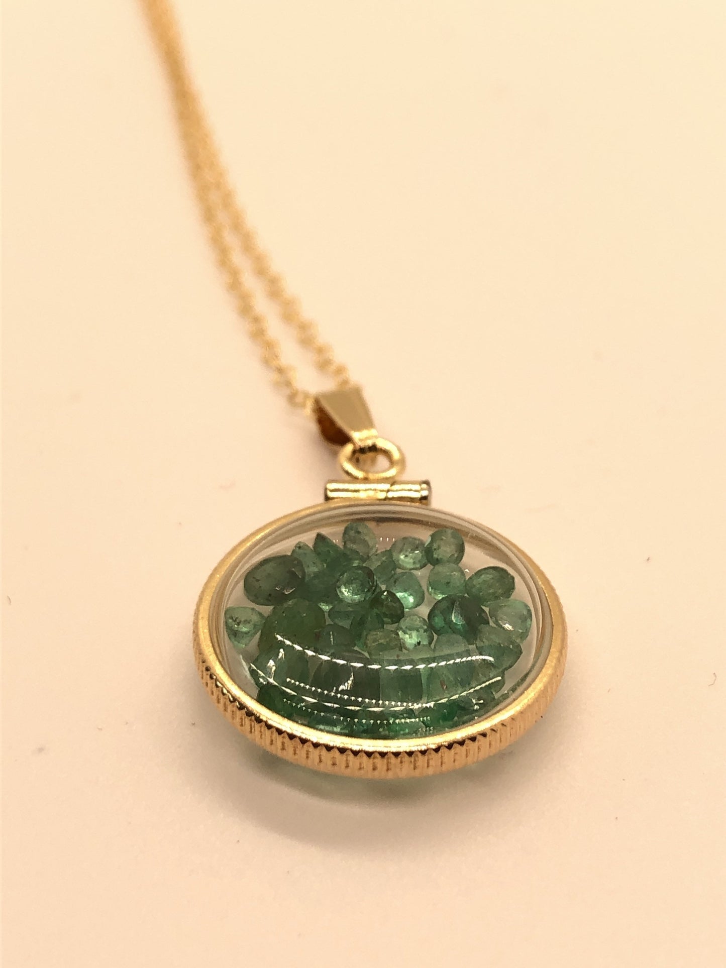 Handmade Dime-size Emerald Shaker Locket 14k Gold-Filled Lucite View Locket, Necklace, Beautiful May Birthstone.