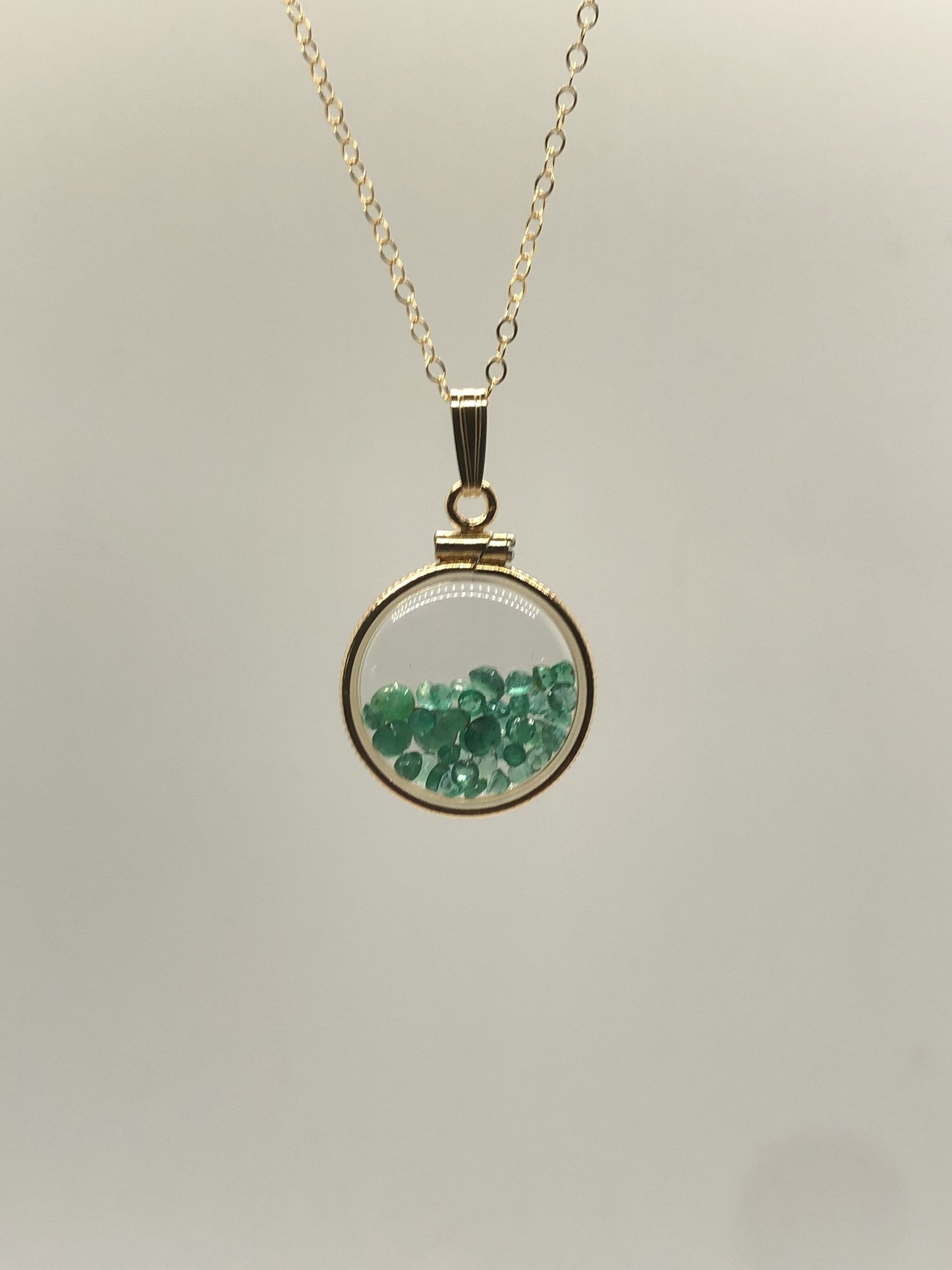 Handmade Dime-size Emerald Shaker Locket 14k Gold-Filled Lucite View Locket, Necklace, Beautiful May Birthstone.