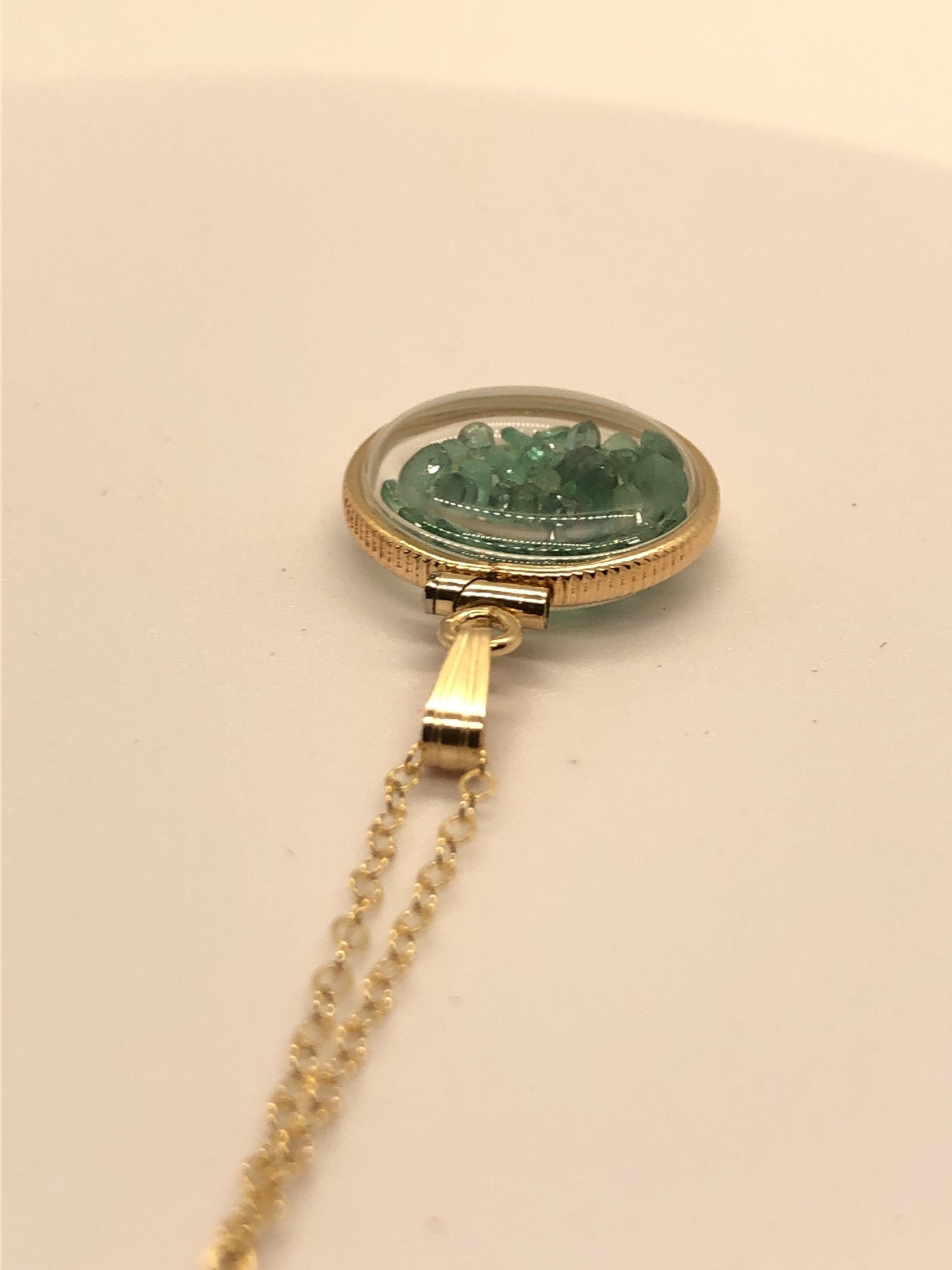 Handmade Dime-size Emerald Shaker Locket 14k Gold-Filled Lucite View Locket, Necklace, Beautiful May Birthstone.