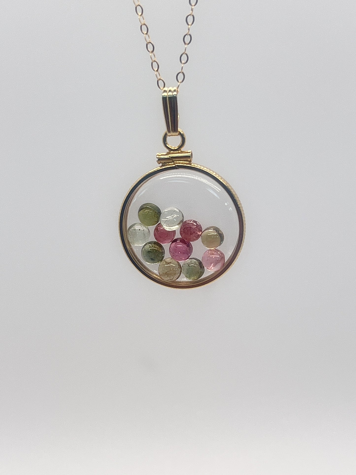 Solid 14k Gold Lucite  Handmade 3.25 TCW Multicolor Tourmaline Shaker Locket. Round Cabochon Colorful Gemstones. October Birthstones.