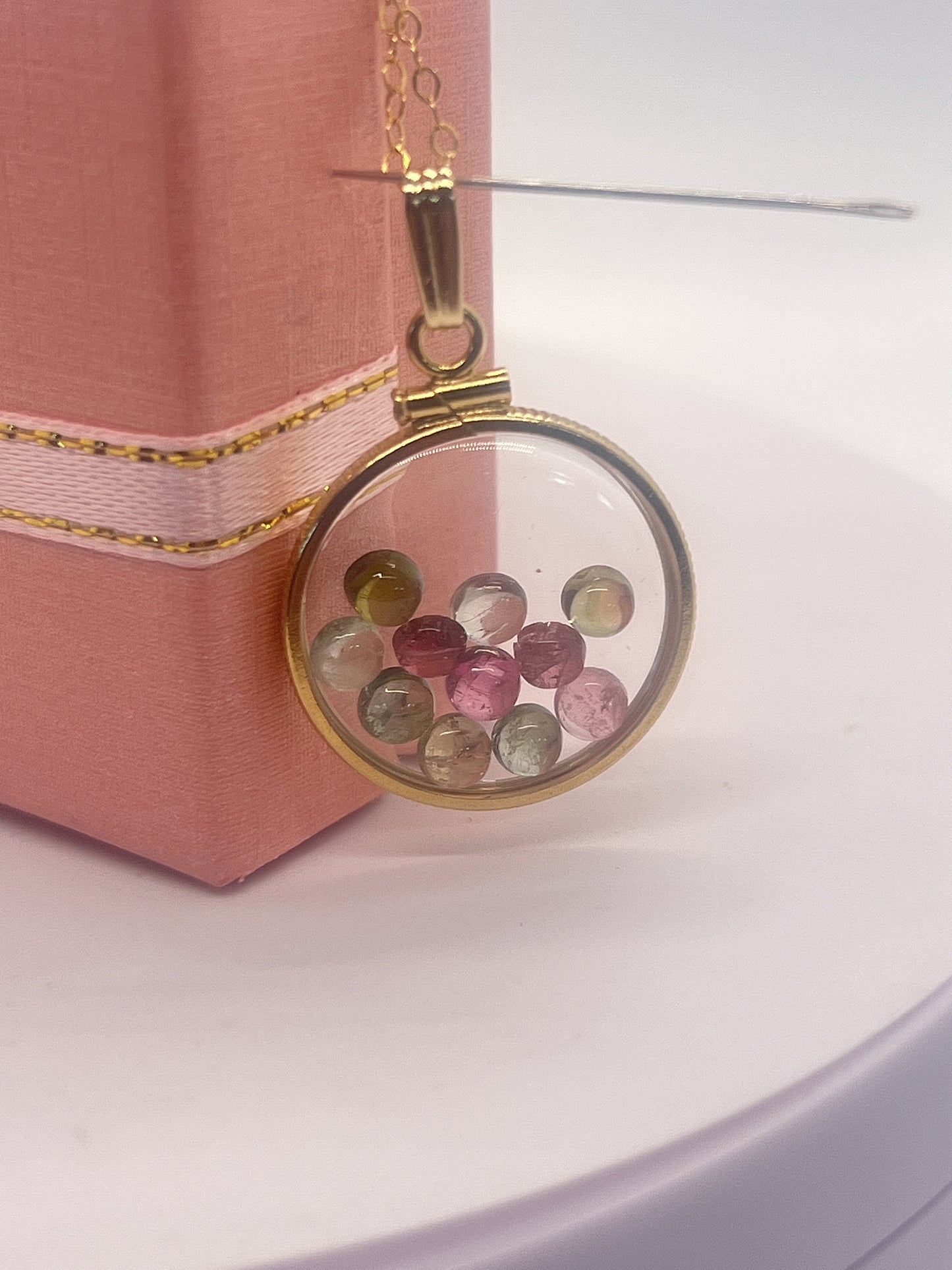 Solid 14k Gold Lucite  Handmade 3.25 TCW Multicolor Tourmaline Shaker Locket. Round Cabochon Colorful Gemstones. October Birthstones.