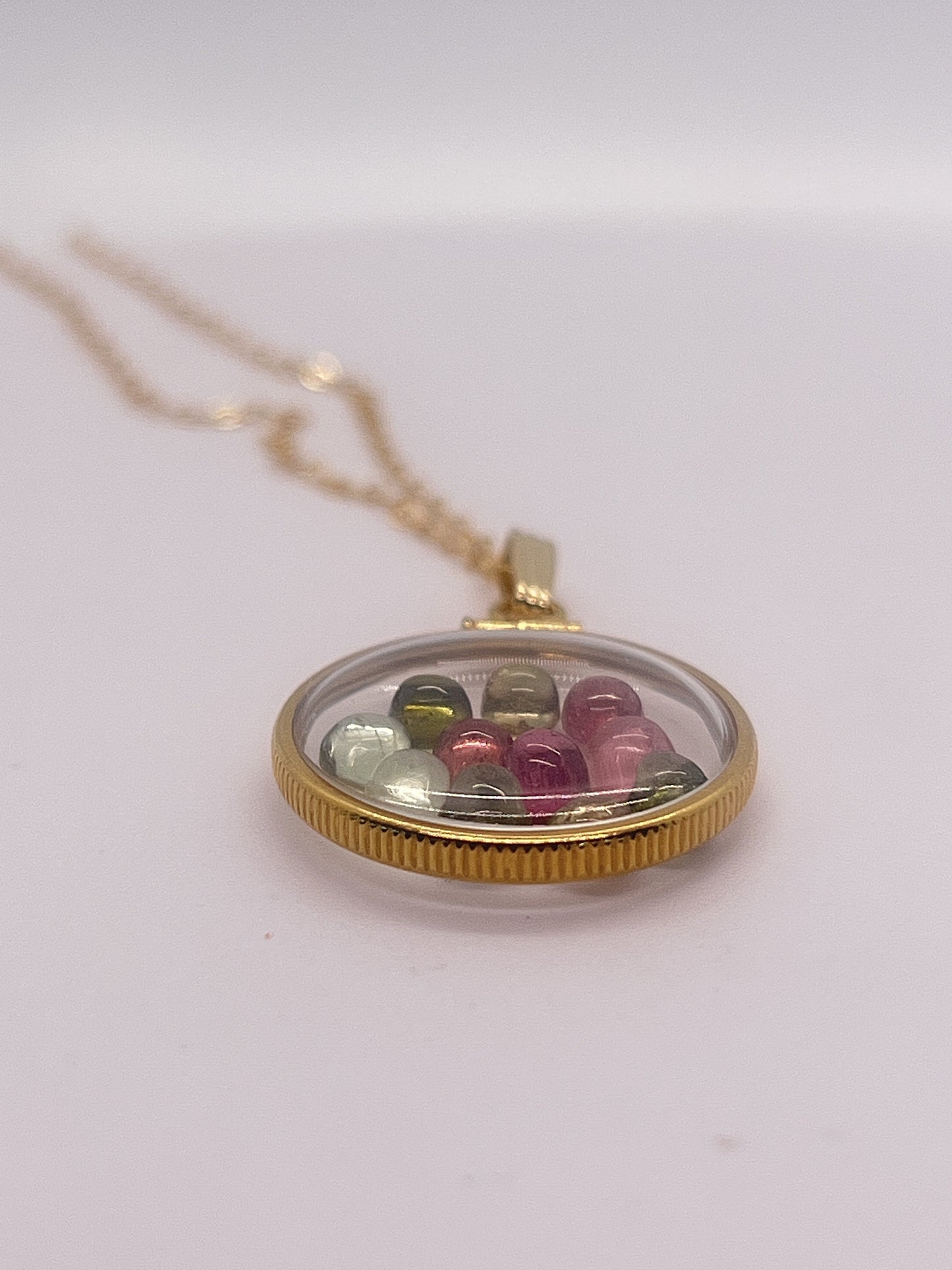 Solid 14k Gold Lucite  Handmade 3.25 TCW Multicolor Tourmaline Shaker Locket. Round Cabochon Colorful Gemstones. October Birthstones.