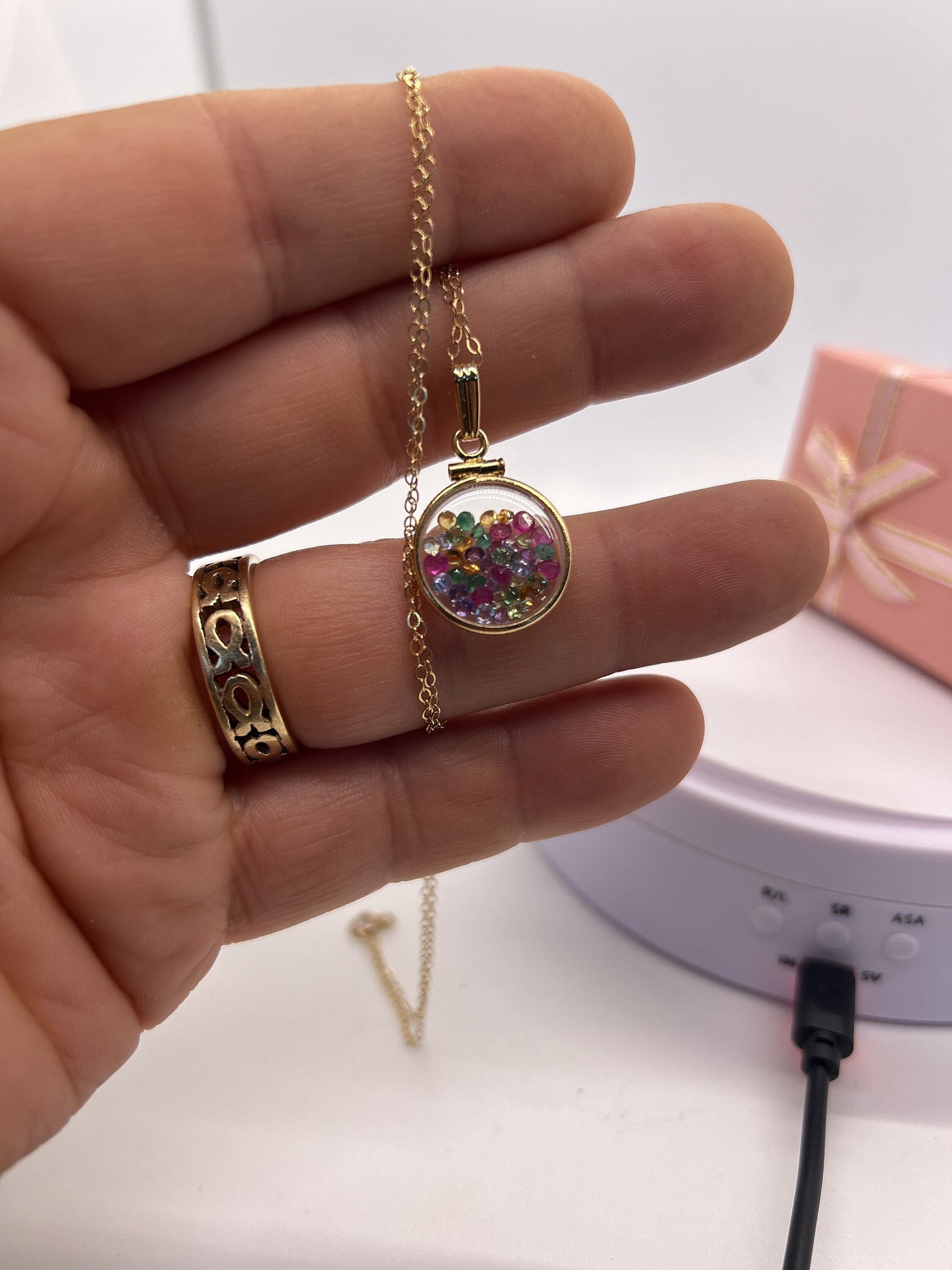 14k Solid Gold Handmade Dime size ruby, tanzanite, amethyst, emerald, peridot, citrine shaker locket Artistic series, beautiful mix