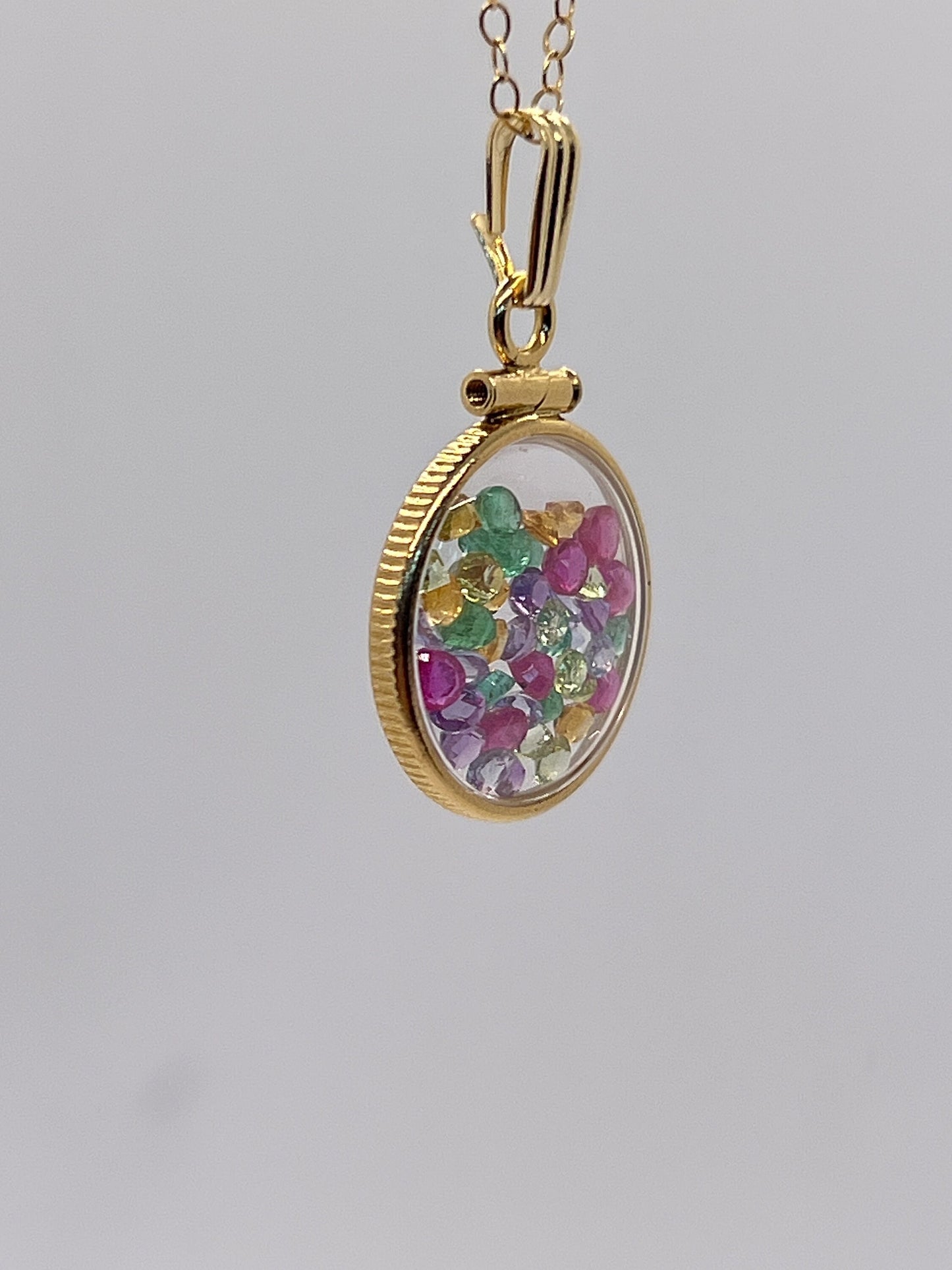 14k Solid Gold Handmade Dime size ruby, tanzanite, amethyst, emerald, peridot, citrine shaker locket Artistic series, beautiful mix