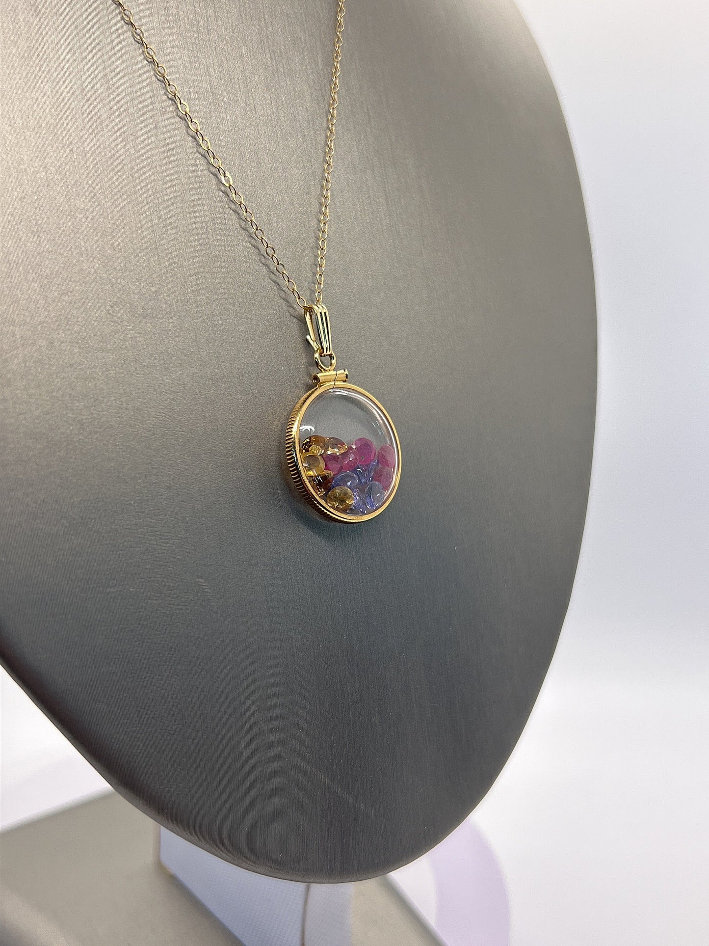 14k Solid Gold Handmade Dime size ruby, tanzanite, amethyst, emerald, peridot, citrine shaker locket Artistic series, beautiful mix