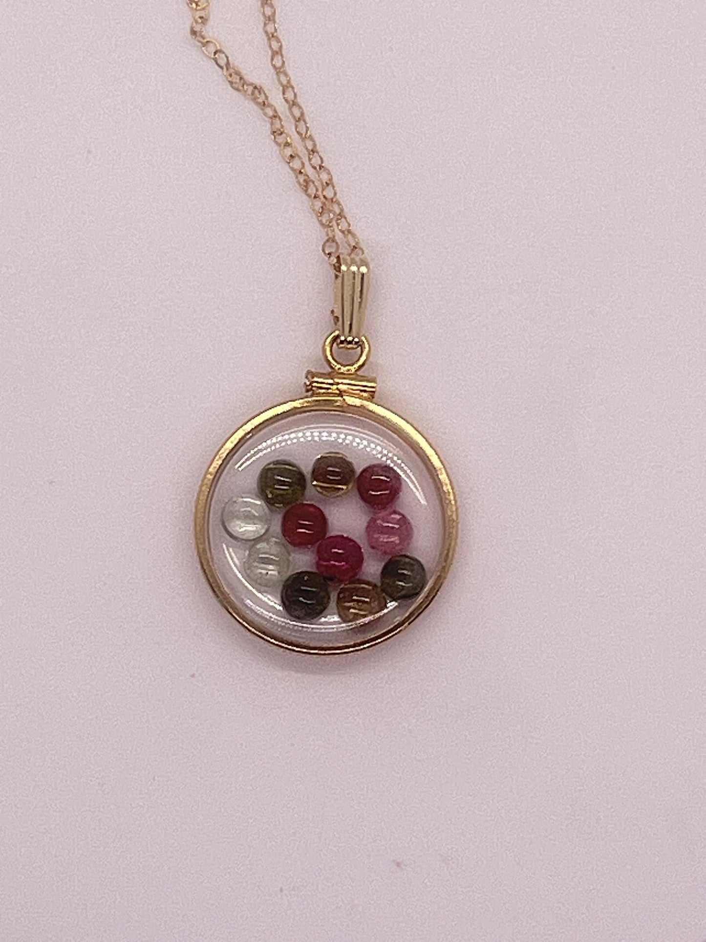 Solid 14k Gold Lucite  Handmade 3.25 TCW Multicolor Tourmaline Shaker Locket. Round Cabochon Colorful Gemstones. October Birthstones.