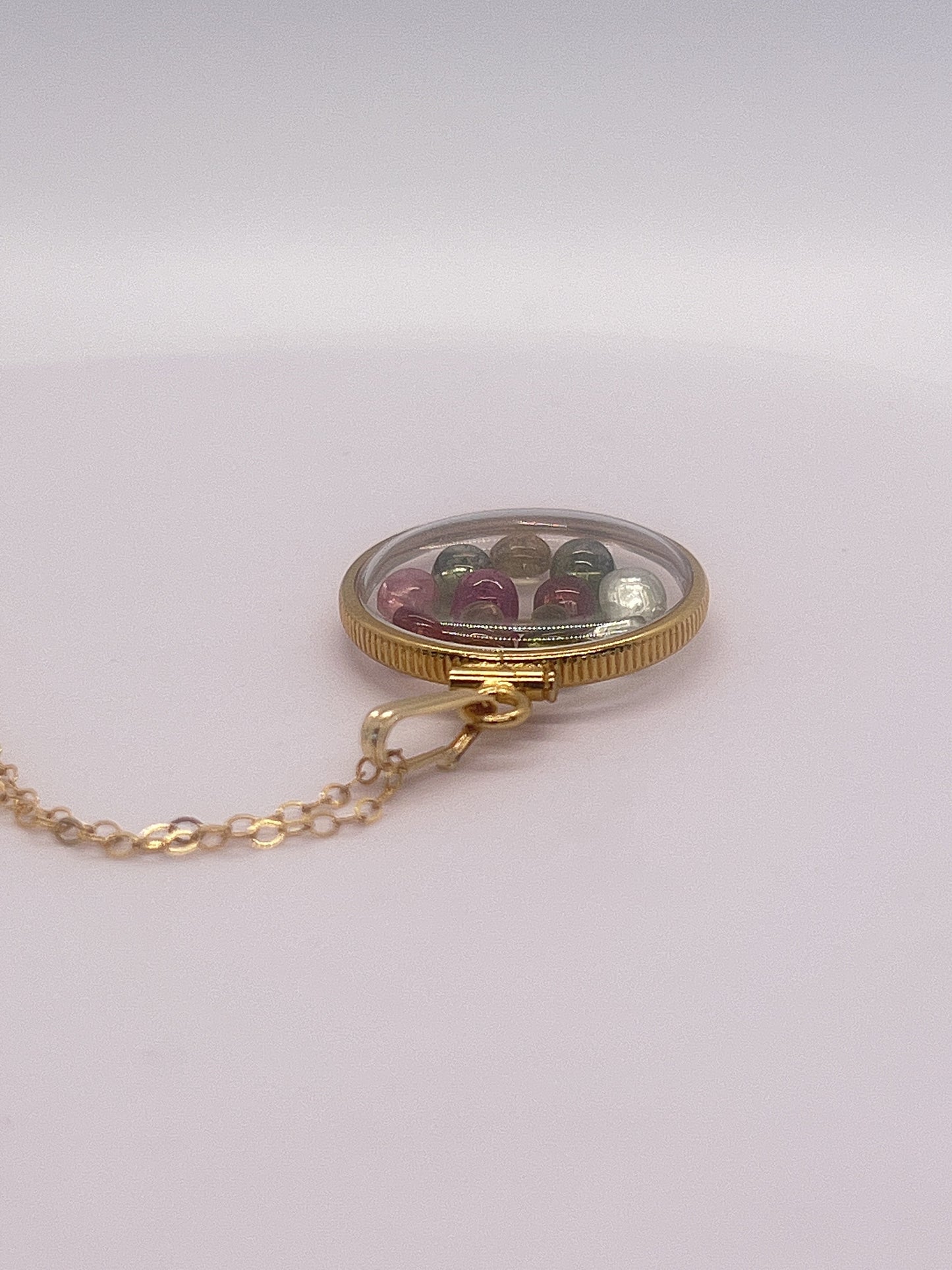 Solid 14k Gold Lucite  Handmade 3.25 TCW Multicolor Tourmaline Shaker Locket. Round Cabochon Colorful Gemstones. October Birthstones.