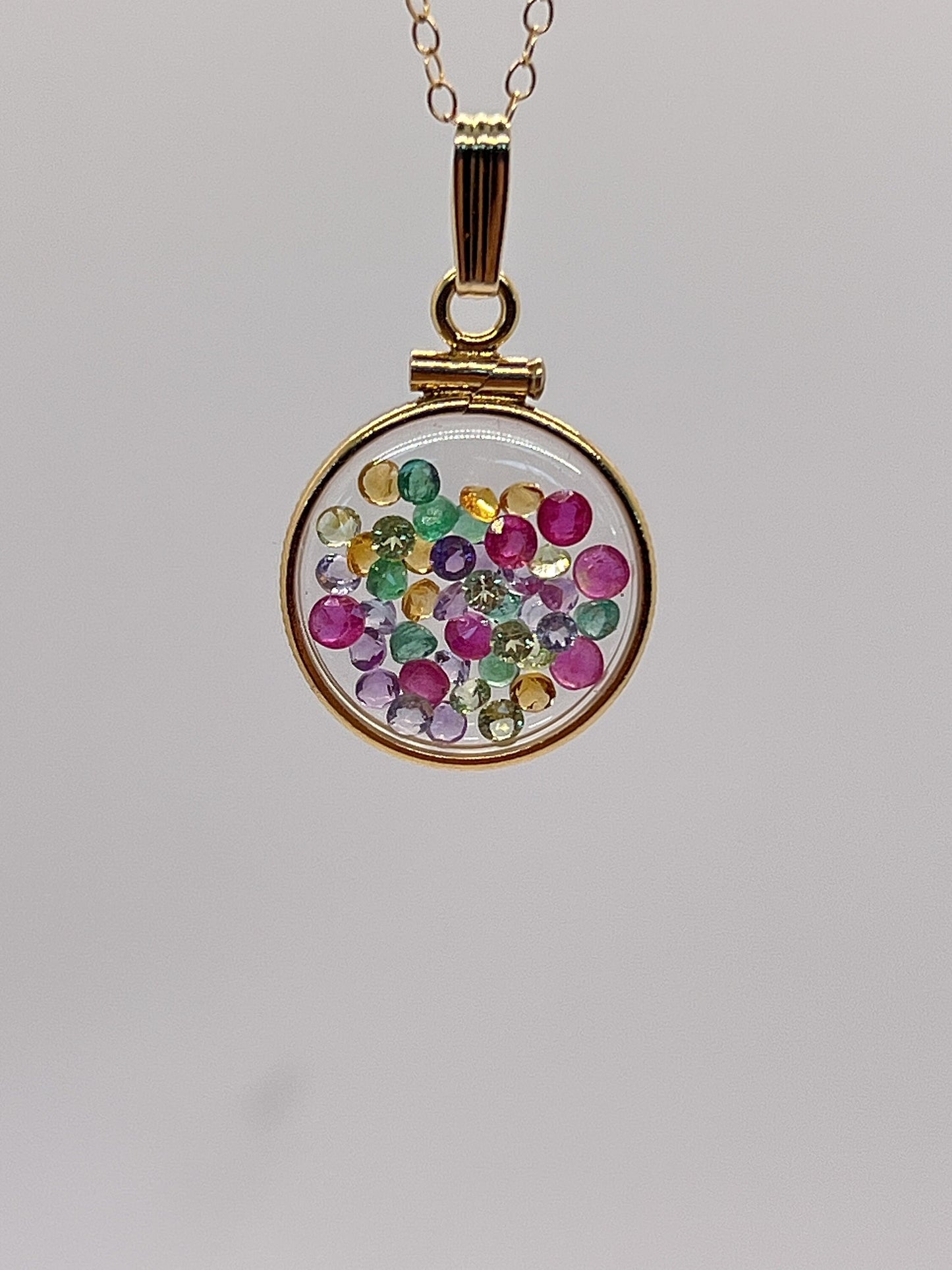 14k Solid Gold Handmade Dime size ruby, tanzanite, amethyst, emerald, peridot, citrine shaker locket Artistic series, beautiful mix