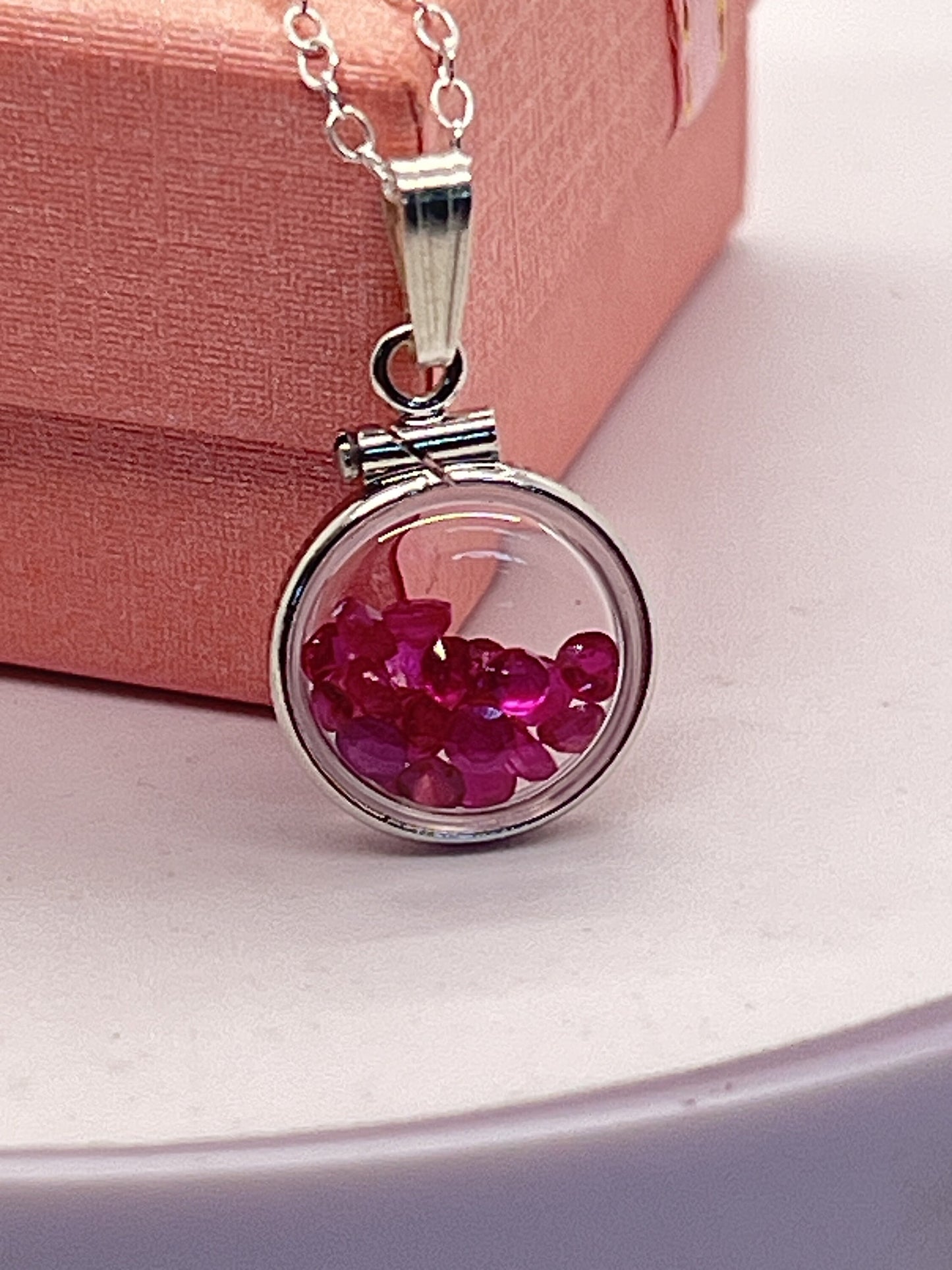 Handmade Diminutive Sterling Silver Ruby Shaker Locket Lucite View Locket, Necklace, Beautiful JULY Birthstone. 1.65 TCW round cut rubies