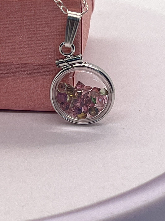 Handmade Diminutive Sterling Silver Multicolor Tourmaline Shaker Locket Lucite View Locket, Necklace, Beautiful October Birthstone. 1.4 TCW