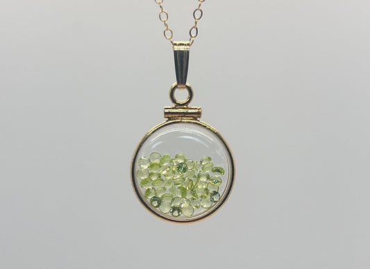 14k Solid Gold Handmade Dime size Peridot shaker locket, 1.75 TCW, August birthstone.