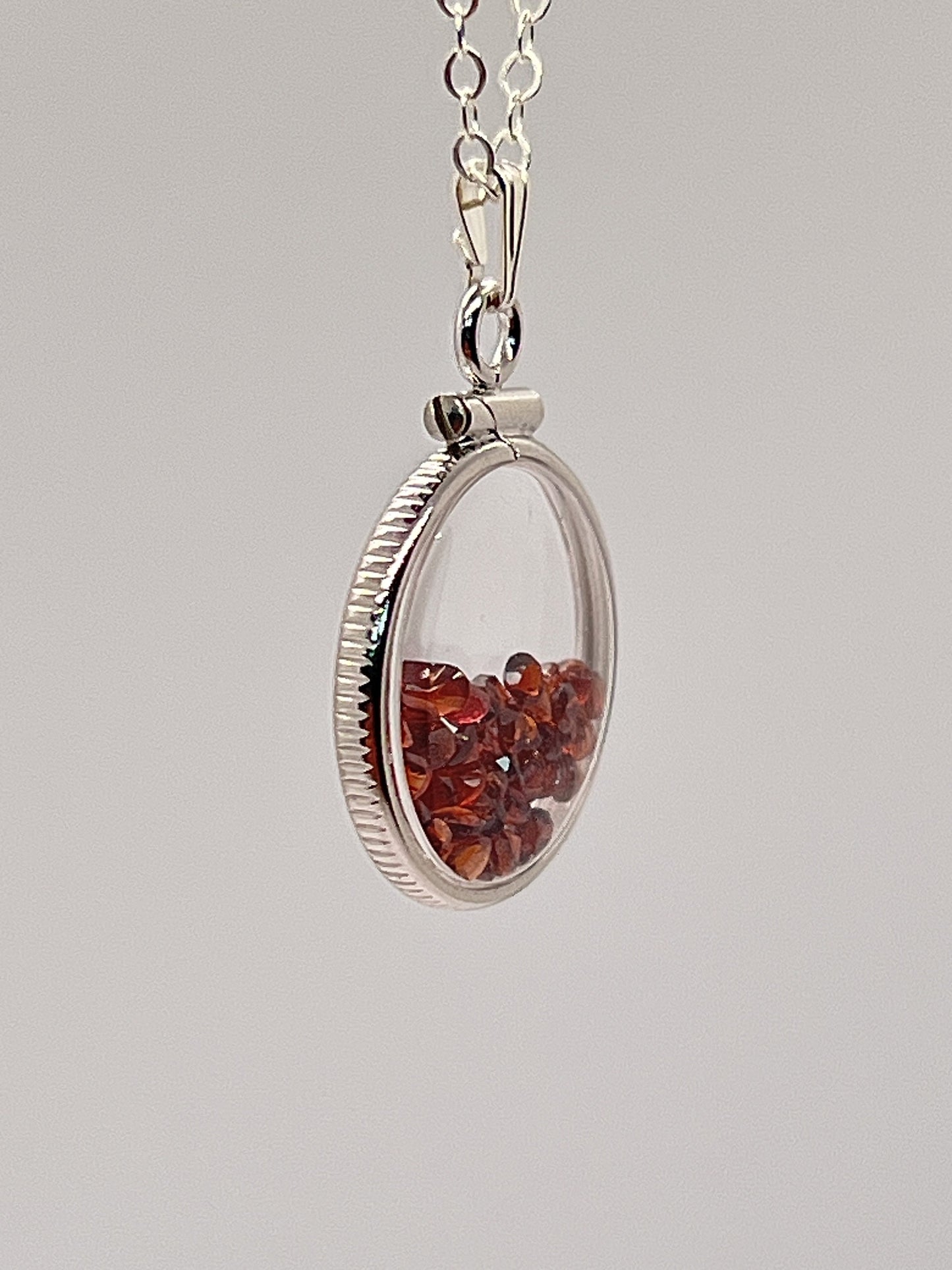 Handmade Dime Size Sterling Silver Garnet Shaker Locket Lucite View Locket, Necklace, Beautiful January Birthstone. 2.9 TCW, red round cut