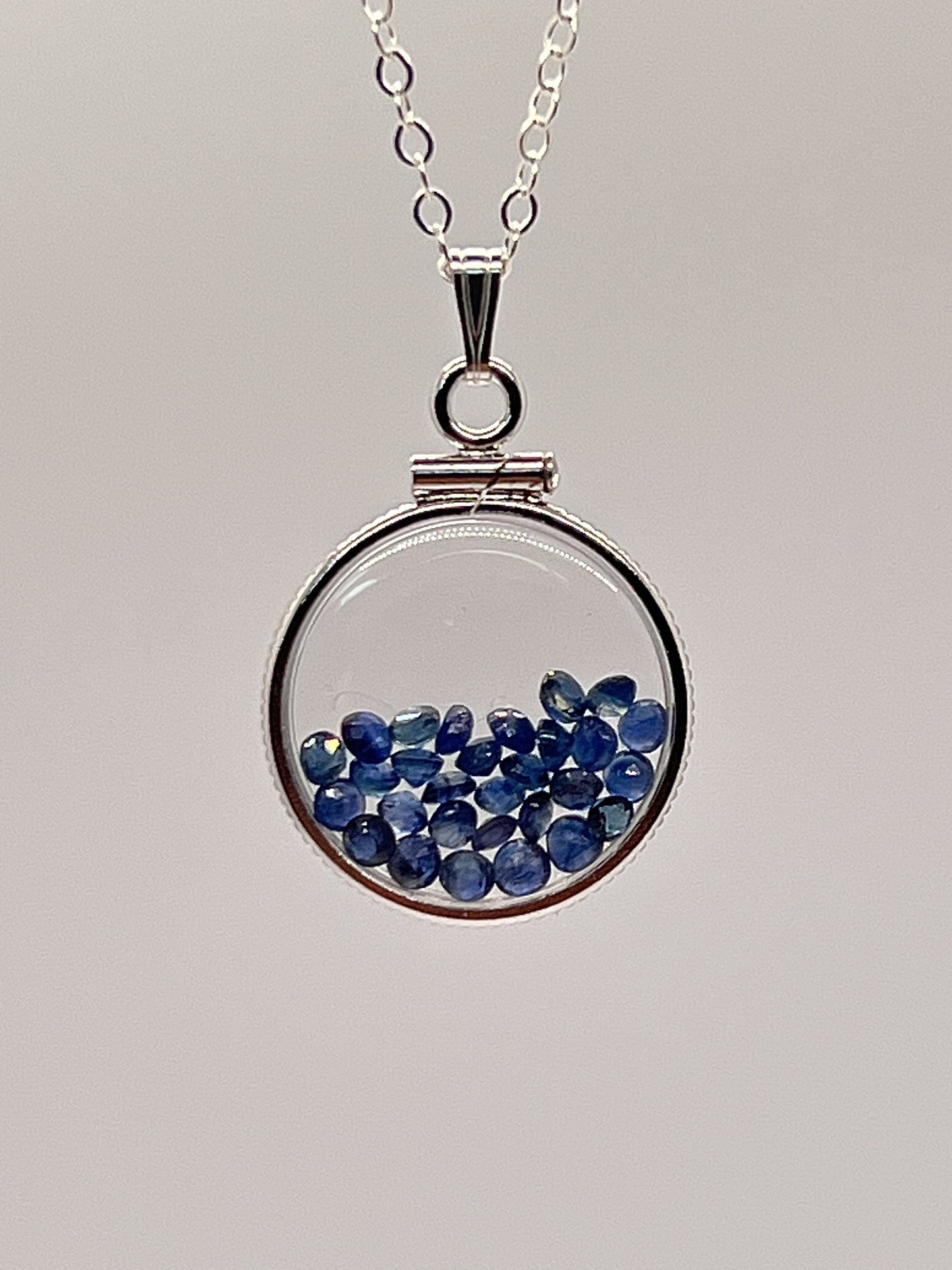 Handmade Dime Size Sterling Silver Sapphire Shaker Locket Lucite View Locket, Necklace, Beautiful September Birthstone. 2.5 TCW