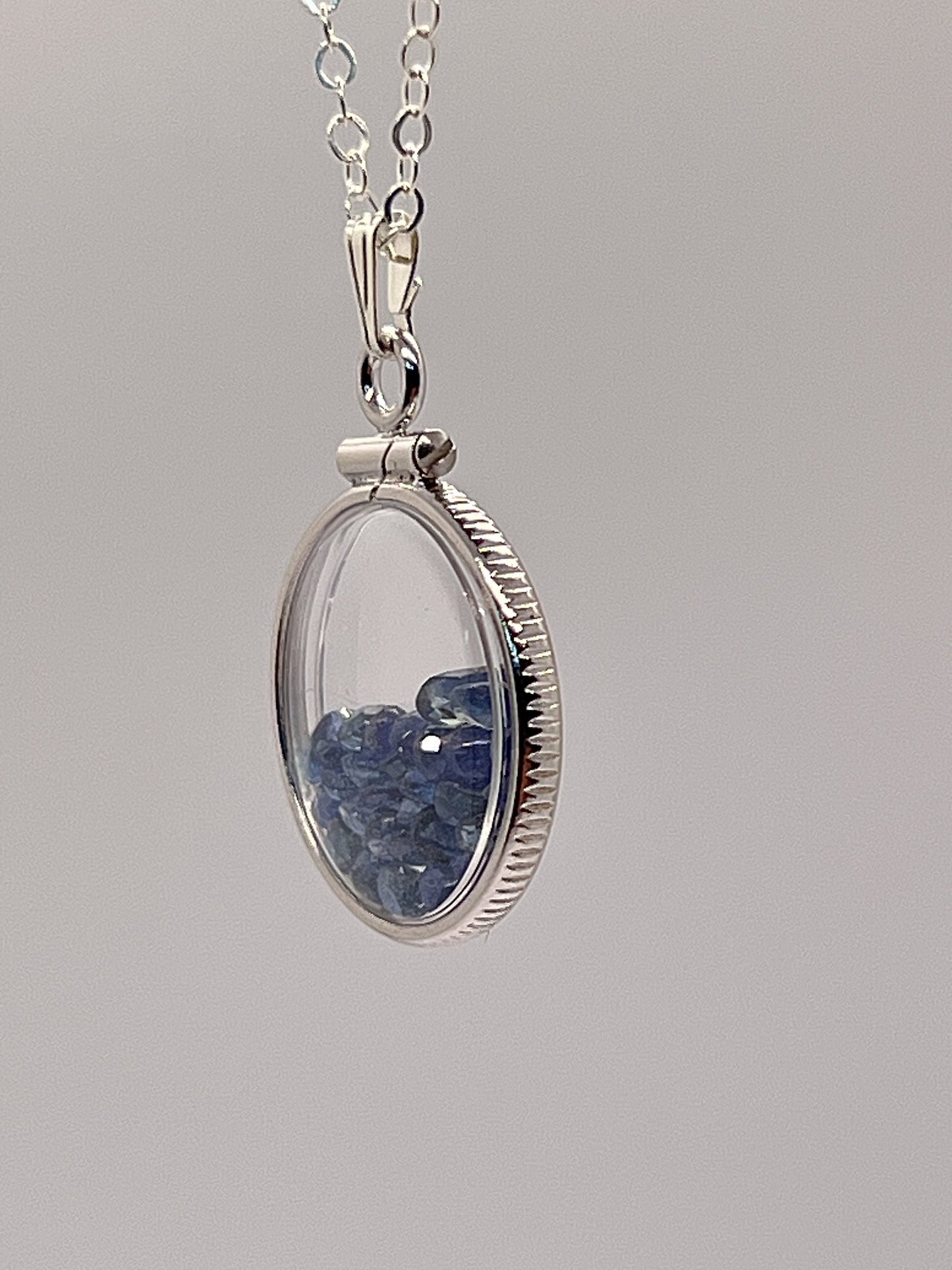 Handmade Dime Size Sterling Silver Sapphire Shaker Locket Lucite View Locket, Necklace, Beautiful September Birthstone. 2.5 TCW