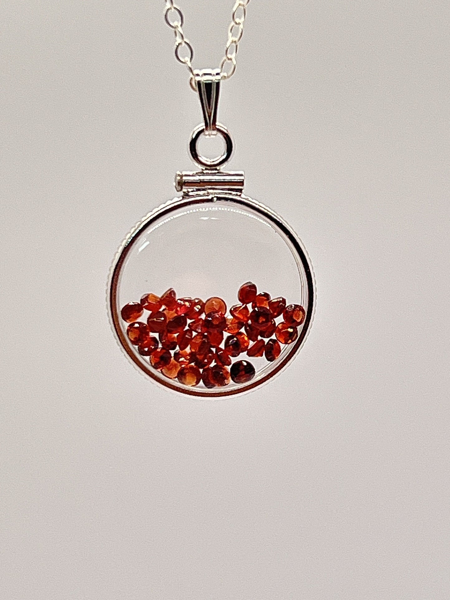 Handmade Dime Size Sterling Silver Garnet Shaker Locket Lucite View Locket, Necklace, Beautiful January Birthstone. 2.9 TCW, red round cut