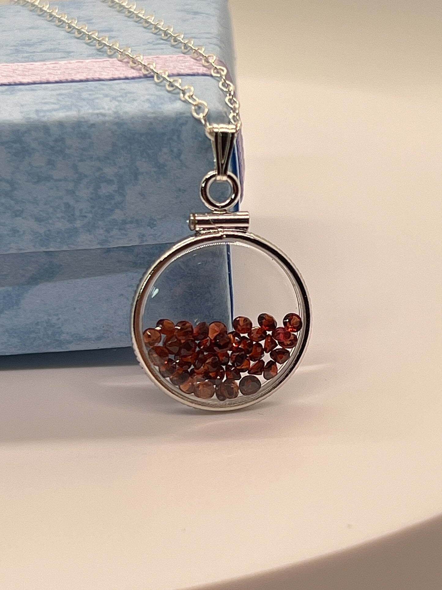 Handmade Dime Size Sterling Silver Garnet Shaker Locket Lucite View Locket, Necklace, Beautiful January Birthstone. 2.9 TCW, red round cut
