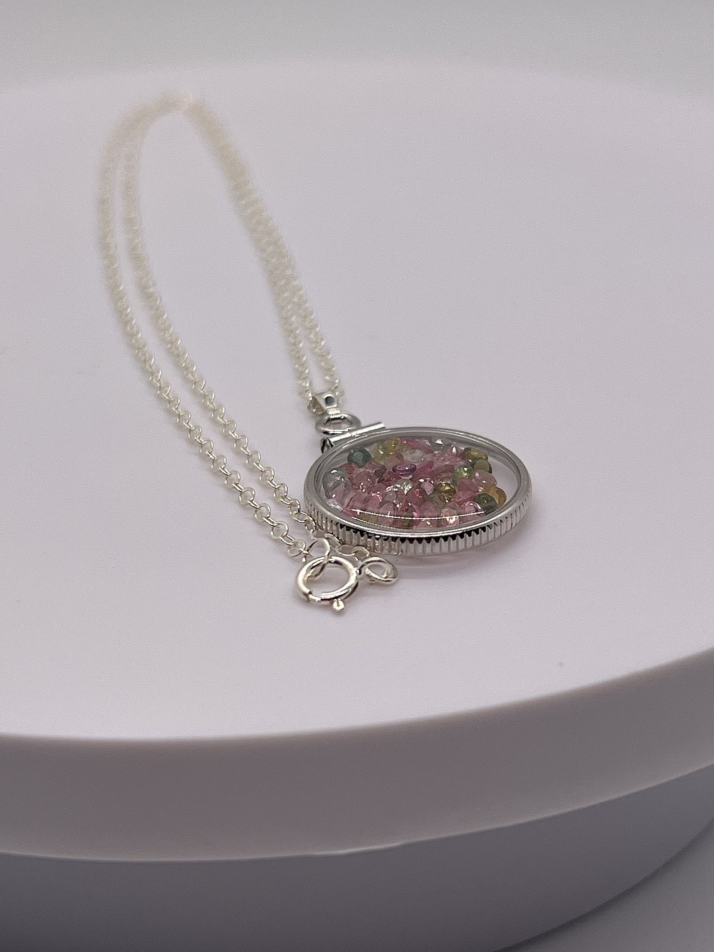 Handmade Dimesize Sterling Silver Multicolor Tourmaline Shaker Locket Lucite View Locket, Necklace, Beautiful October Birthstone. 2.0 TCW