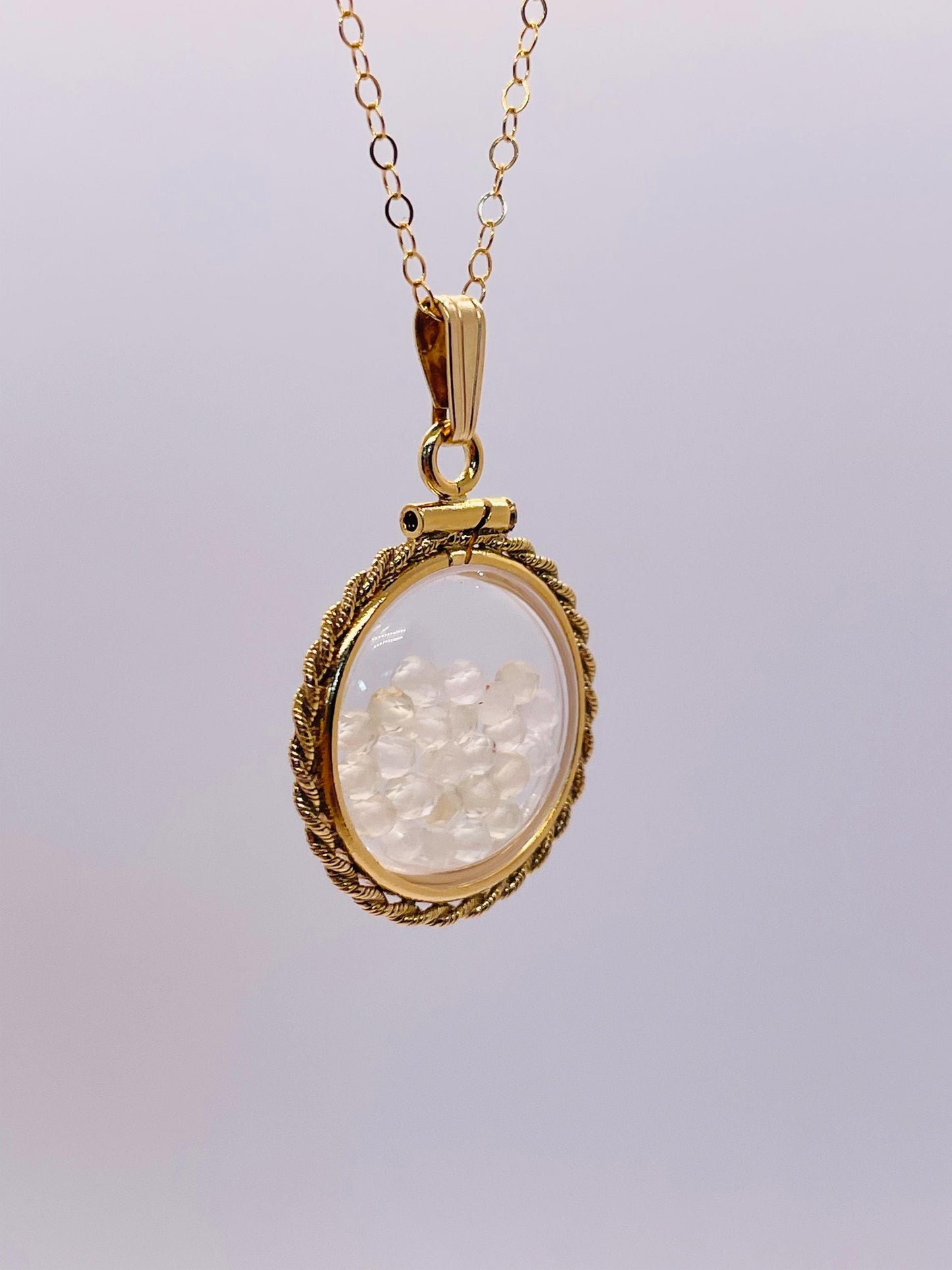 Hand Made 21 mm Nickel Size 14k Gold Filled Lucite Genuine Citrine Shaker Locket with ROPE EDGE and  Beautiful Bead Crystals.