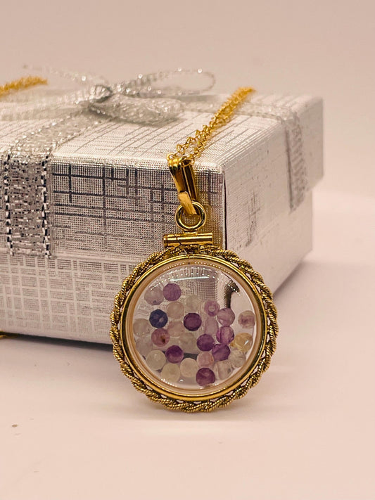 Hand Made 21 mm Nickel Size 14k Gold Filled Lucite genuine Fluorite Shaker Locket with ROPE EDGE, with beautiful bead crystals.