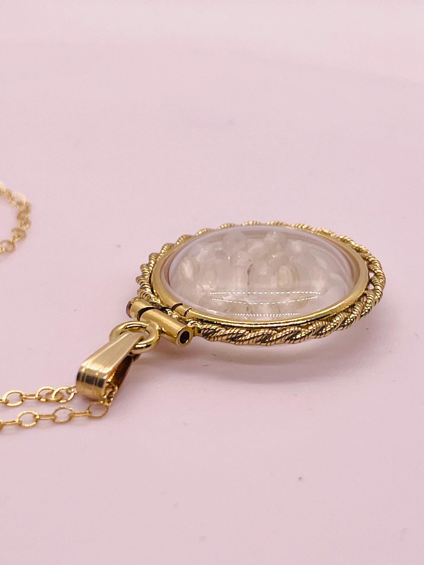 Hand Made 21 mm Nickel Size 14k Gold Filled Lucite Genuine Citrine Shaker Locket with ROPE EDGE and  Beautiful Bead Crystals.