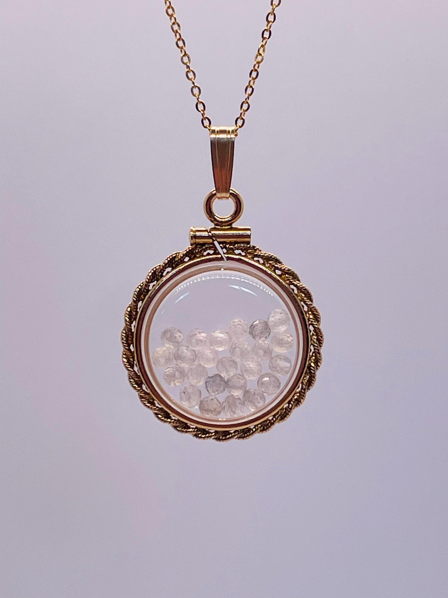 Hand Made 21 mm Nickel Size 14k Gold Filled Lucite Genuine Moonstone Shaker Locket with ROPE EDGE and  Beautiful Bead Crystals.