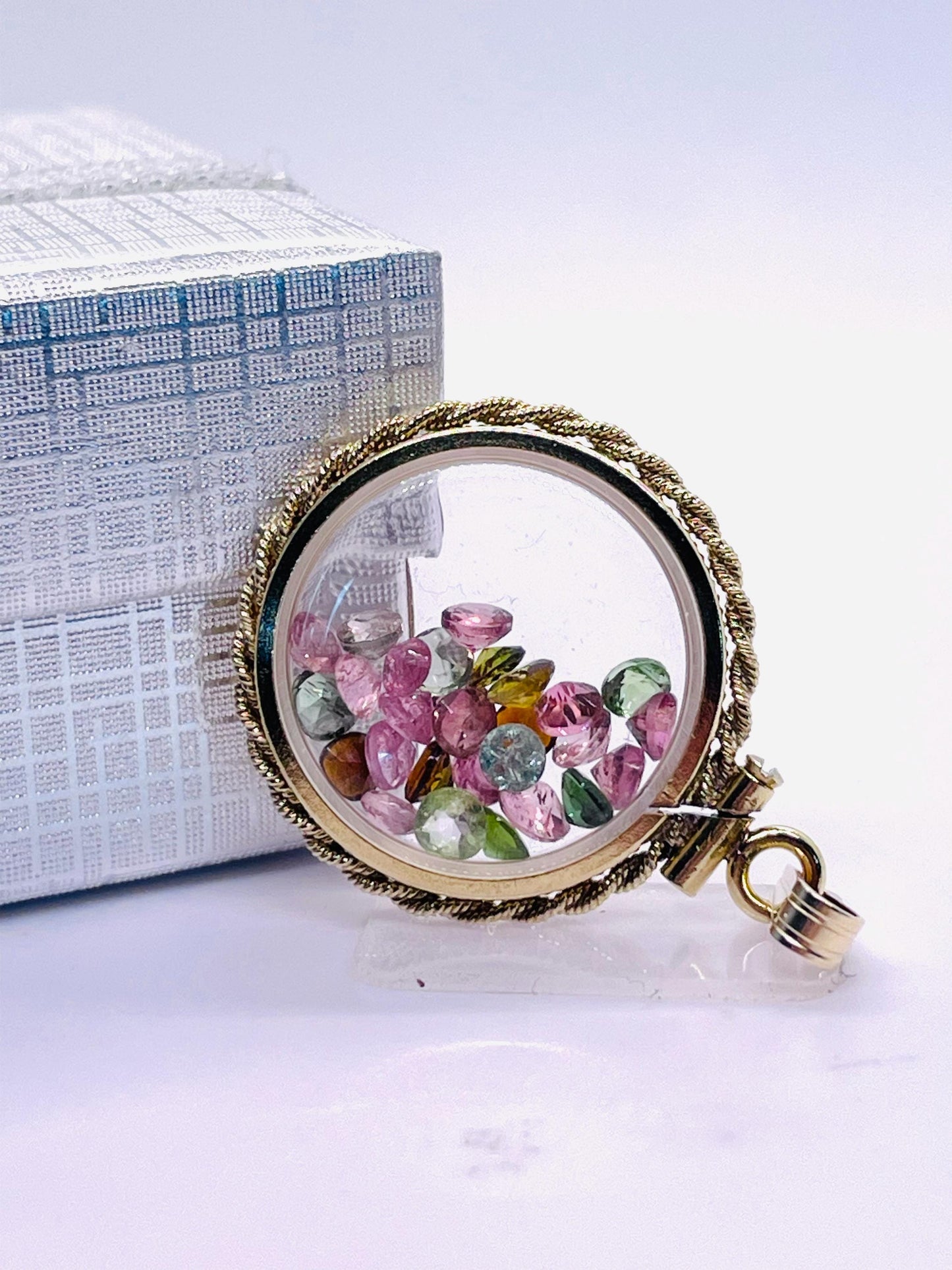 Hand Made 20mm Nickel Size 14k Gold Filled Lucite Multi-Colored Tourmaline Shaker Locket With ROPE EDGE
