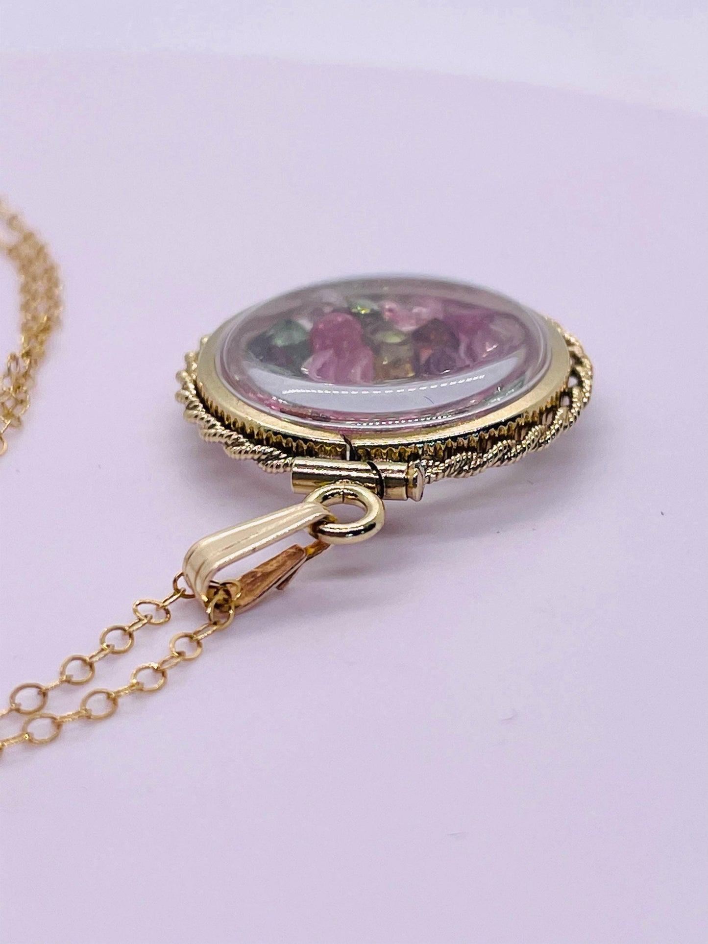 Hand Made 20mm Nickel Size 14k Gold Filled Lucite Multi-Colored Tourmaline Shaker Locket With ROPE EDGE