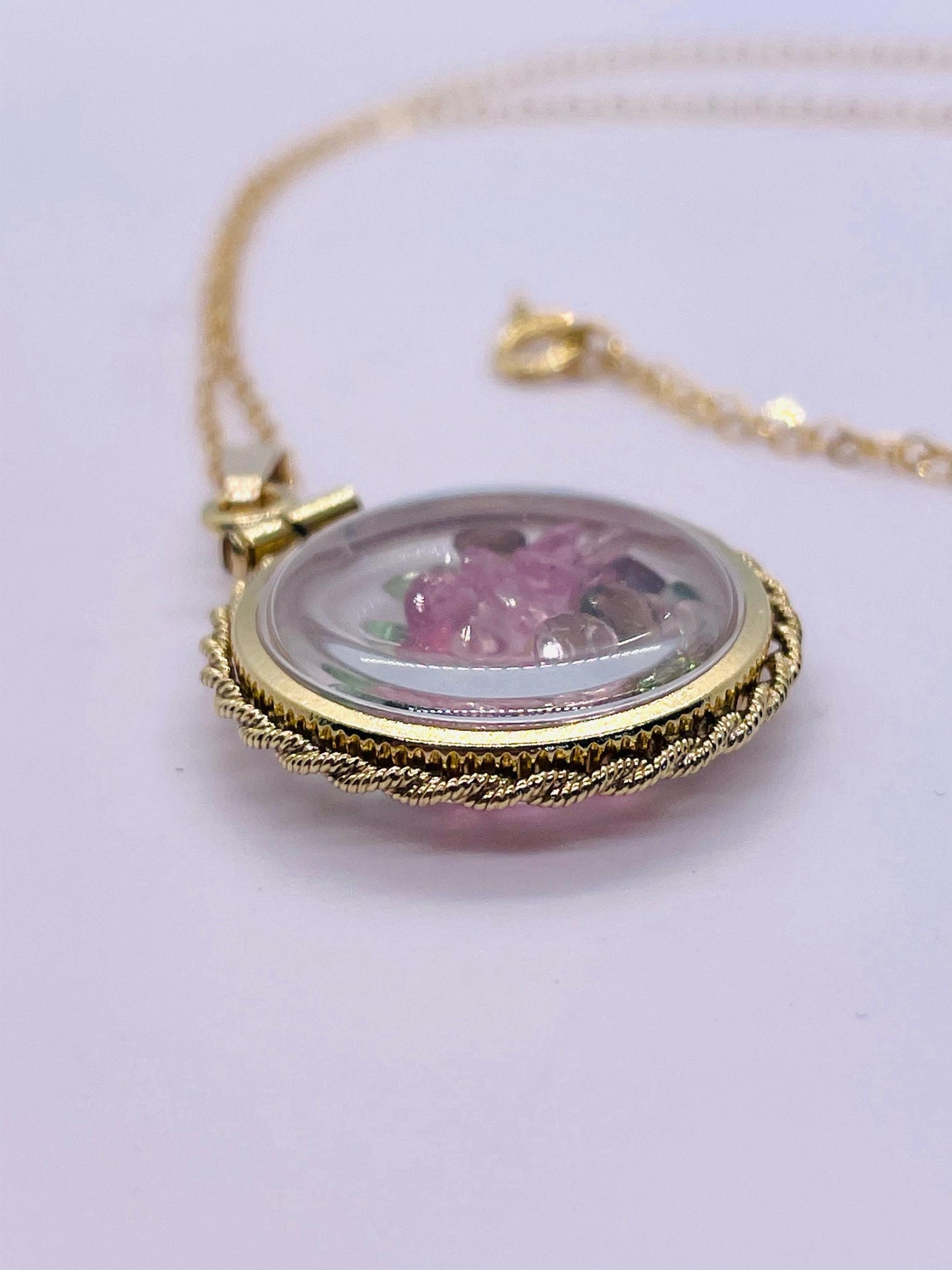 Hand Made 20mm Nickel Size 14k Gold Filled Lucite Multi-Colored Tourmaline Shaker Locket With ROPE EDGE