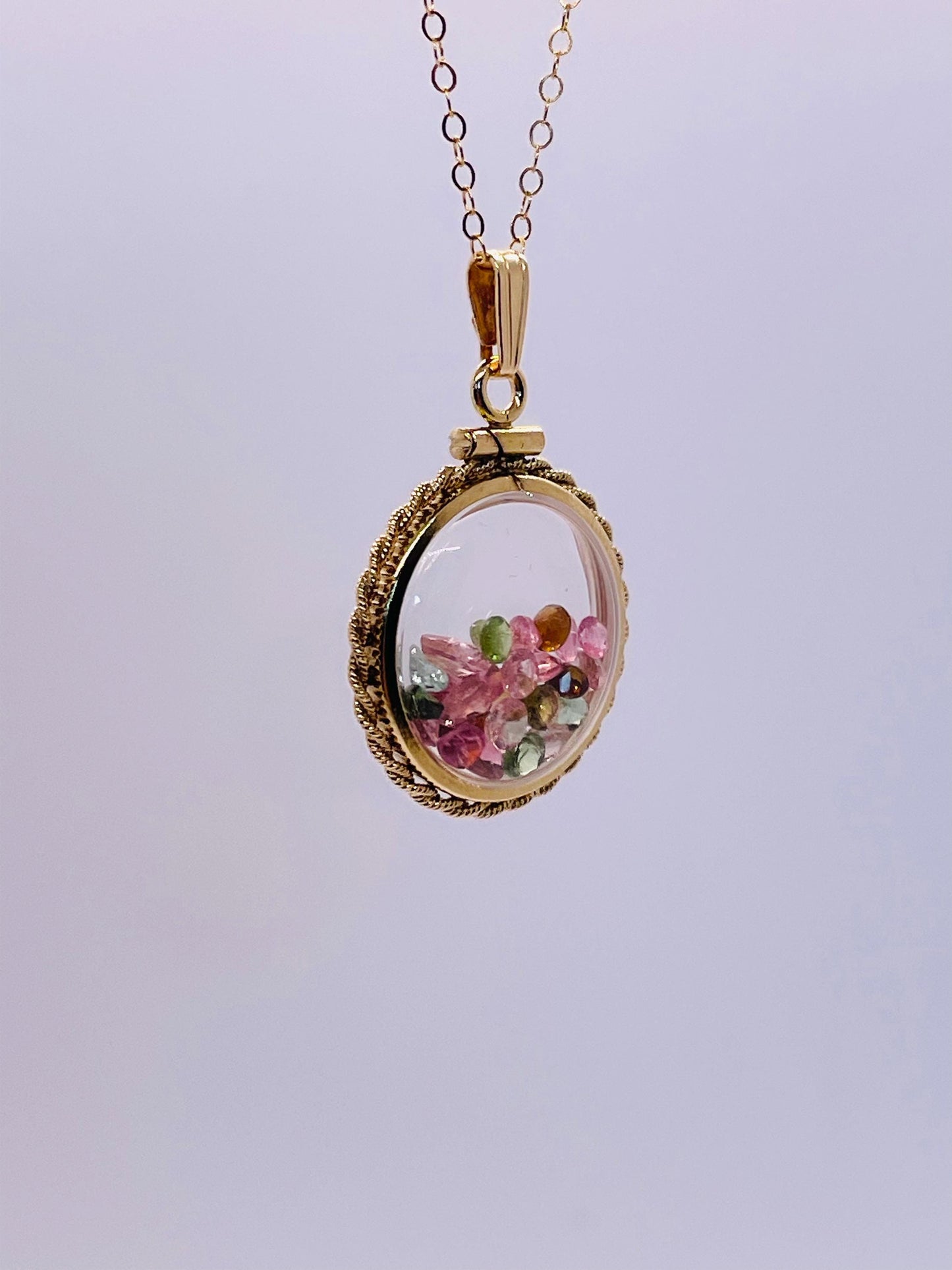Hand Made 20mm Nickel Size 14k Gold Filled Lucite Multi-Colored Tourmaline Shaker Locket With ROPE EDGE
