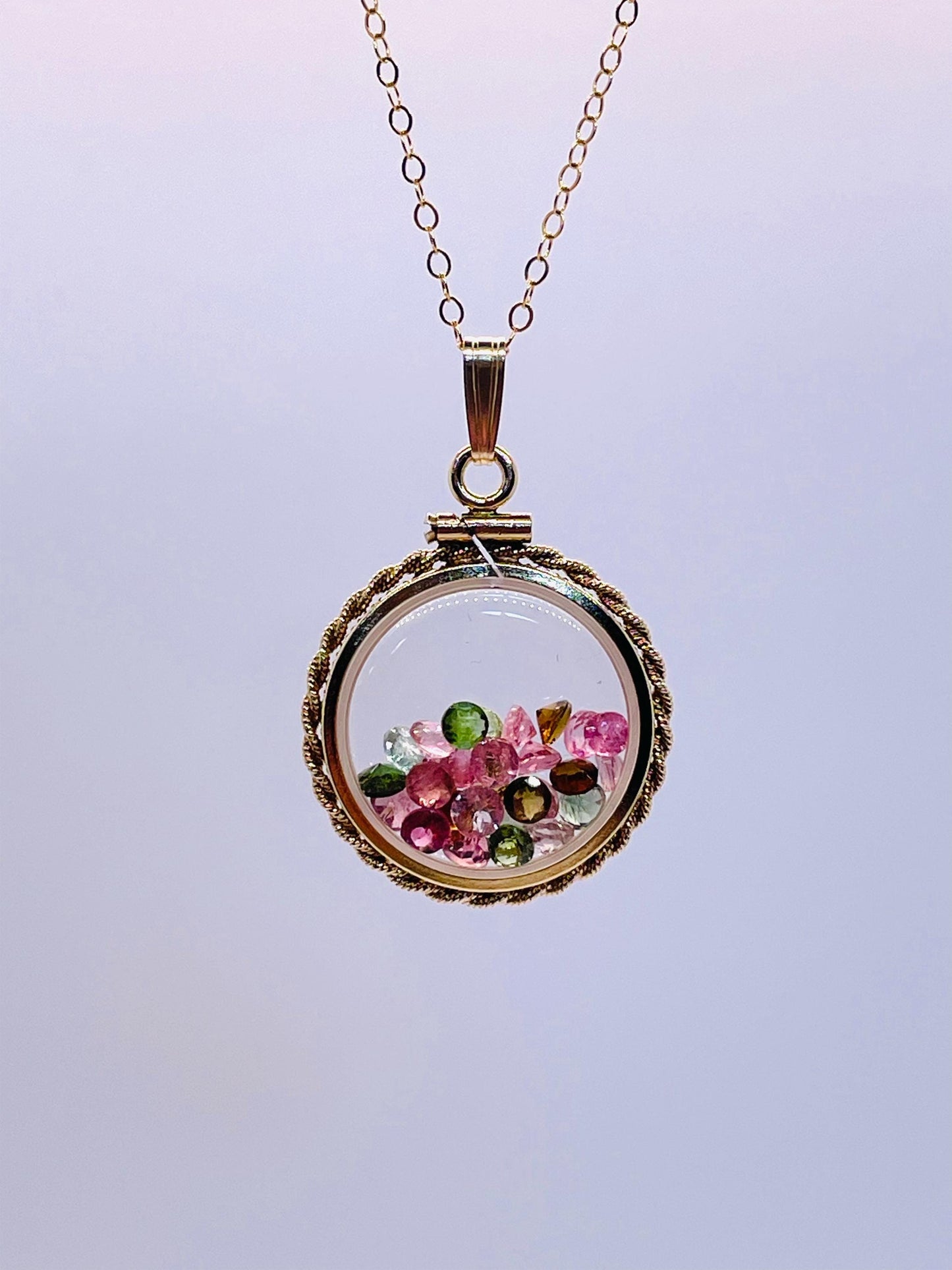 Hand Made 20mm Nickel Size 14k Gold Filled Lucite Multi-Colored Tourmaline Shaker Locket With ROPE EDGE