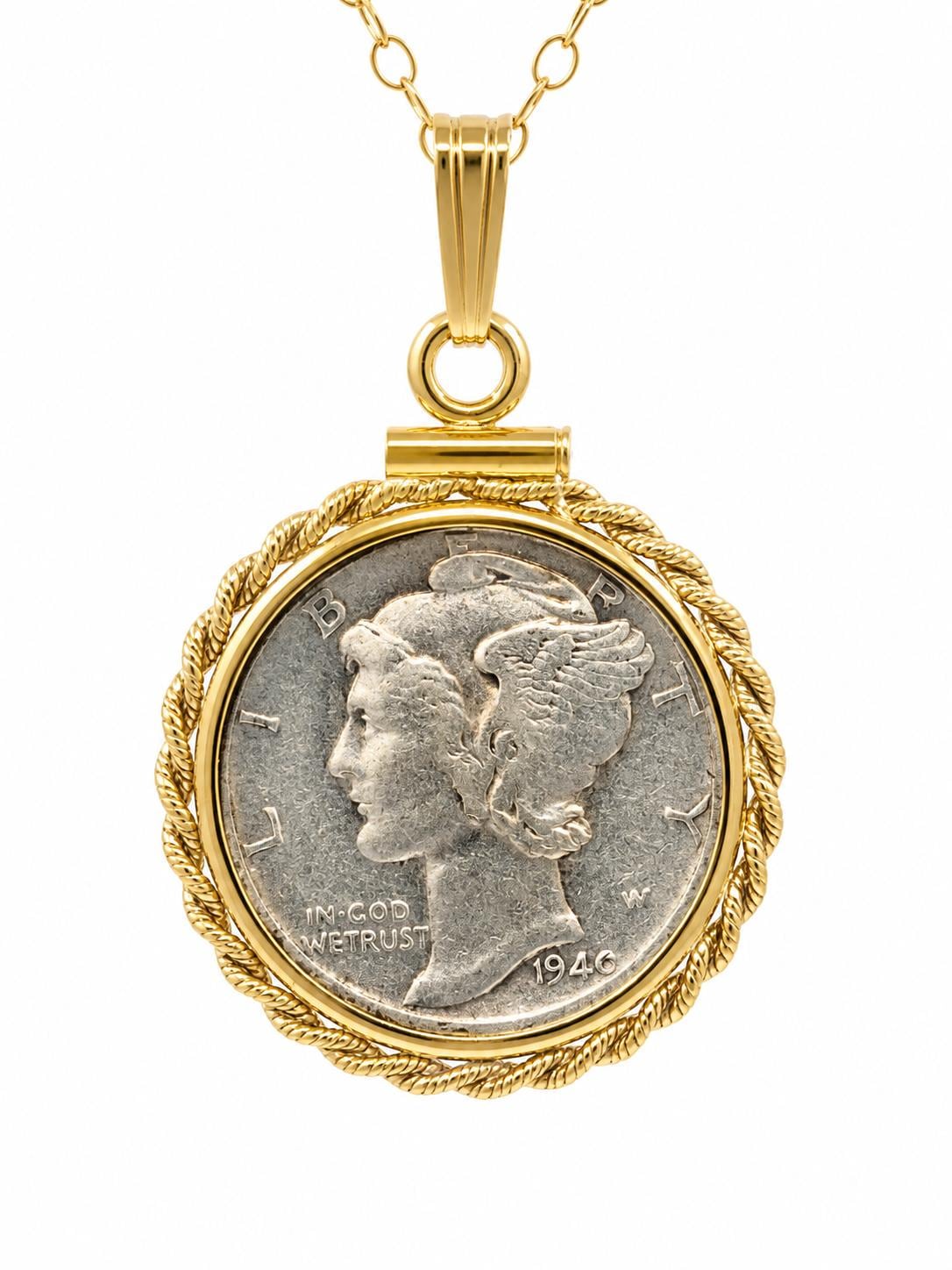 Vintage mercury dime necklace, 14k gold-filled rope-edge bezel, 16–20 inch chain, handmade coin jewelry - image 1