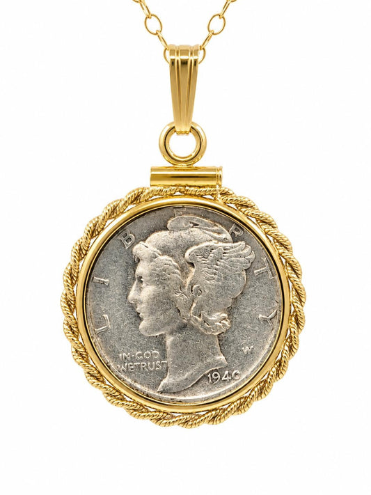 Vintage mercury dime necklace, 14k gold-filled rope-edge bezel, 16–20 inch chain, handmade coin jewelry - image 1