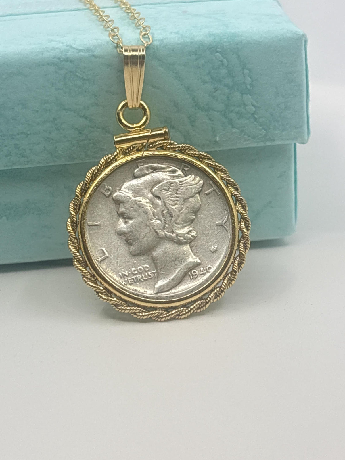 Vintage mercury dime necklace, 14k gold-filled rope-edge bezel, 16–20 inch chain, handmade coin jewelry - image 2