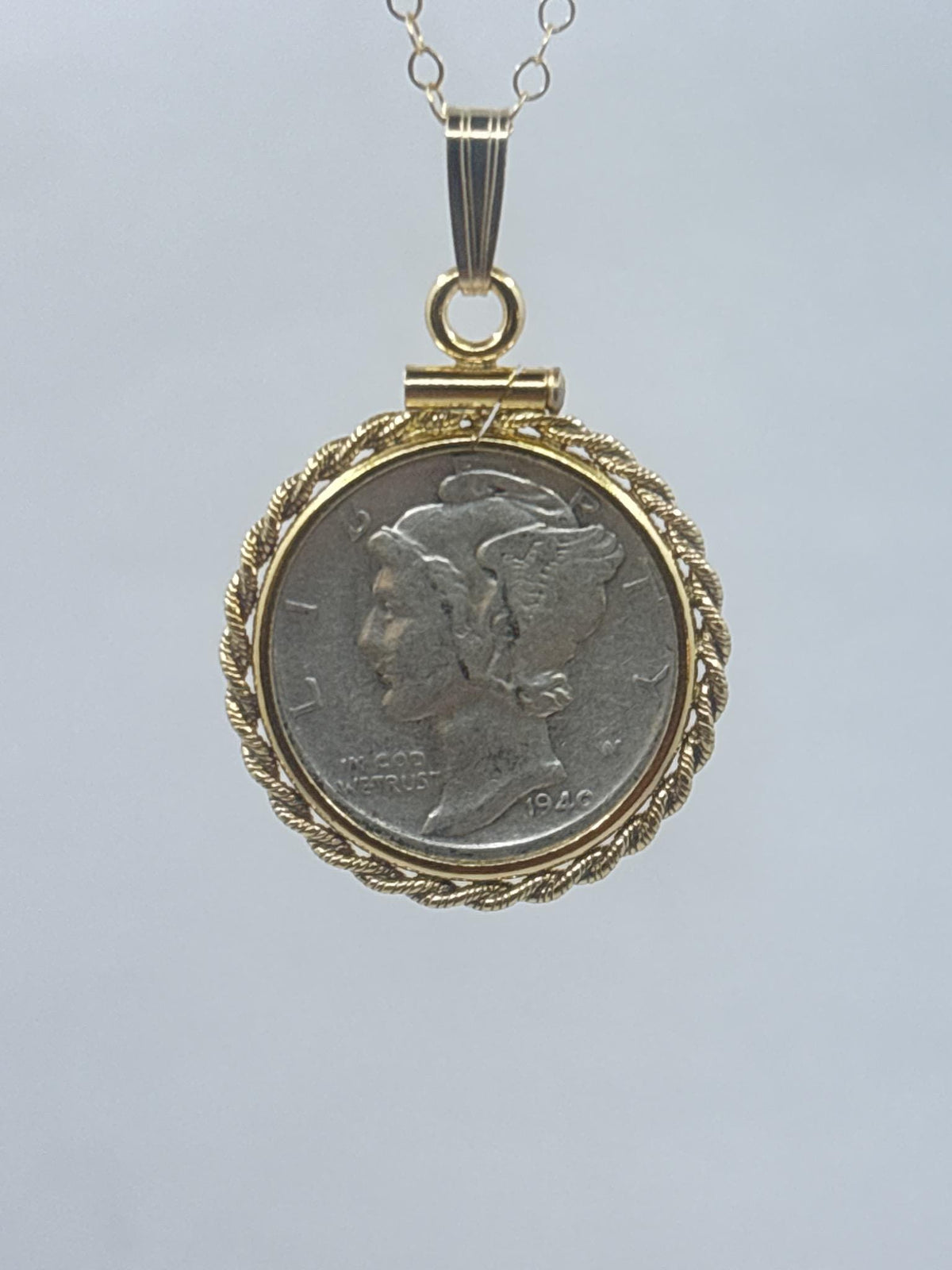 Vintage mercury dime necklace, 14k gold-filled rope-edge bezel, 16–20 inch chain, handmade coin jewelry - image 3