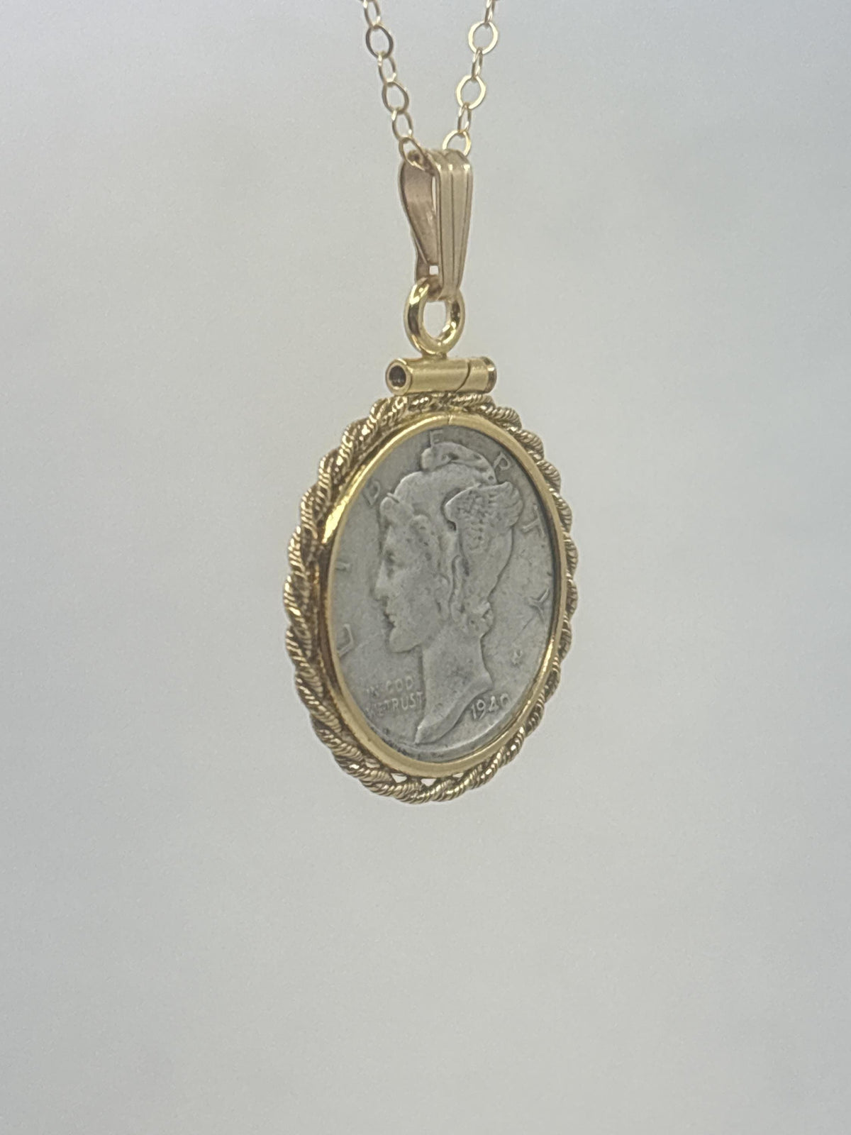 Vintage mercury dime necklace, 14k gold-filled rope-edge bezel, 16–20 inch chain, handmade coin jewelry - image 4