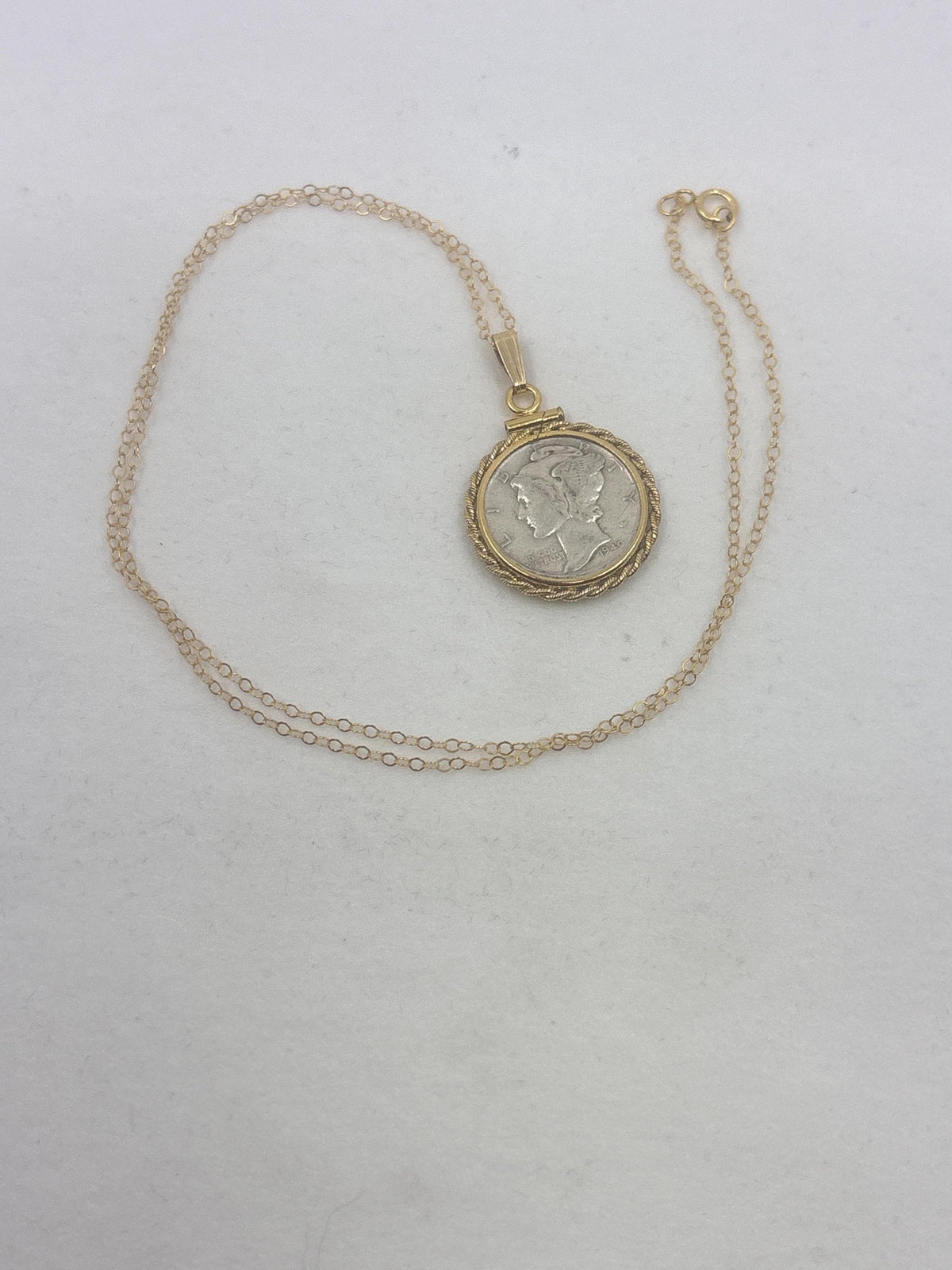 Vintage mercury dime necklace, 14k gold-filled rope-edge bezel, 16–20 inch chain, handmade coin jewelry - image 5