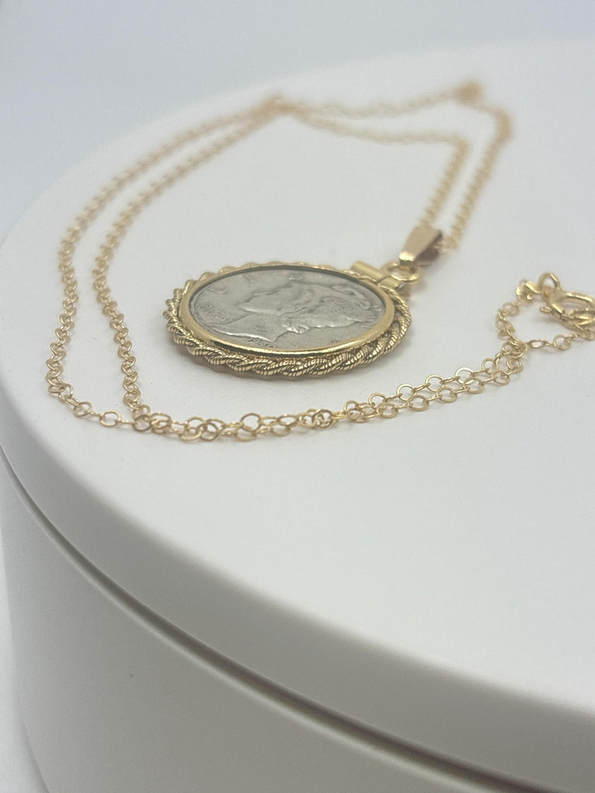 Vintage mercury dime necklace, 14k gold-filled rope-edge bezel, 16–20 inch chain, handmade coin jewelry - image 6