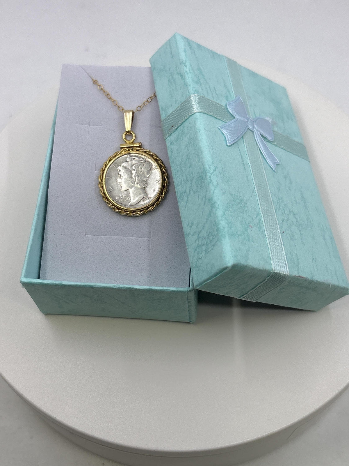 Vintage mercury dime necklace, 14k gold-filled rope-edge bezel, 16–20 inch chain, handmade coin jewelry - image 8