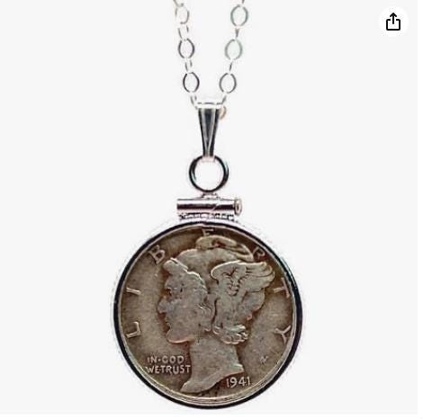 Vintage mercury dime necklace, sterling silver coin-edge bezel, 16–20 inch chain, handmade 90% silver coin jewelry - image 1