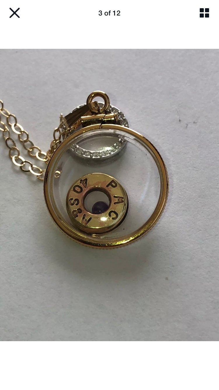 40 cal bullet necklace with floating amethyst Vintage 12k gold filled locket