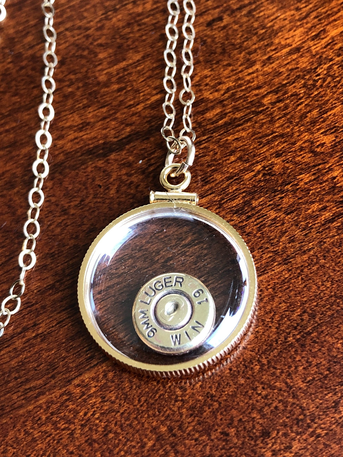 9mm bullet necklace,  back to back view locket, 14k gold filled locket-new