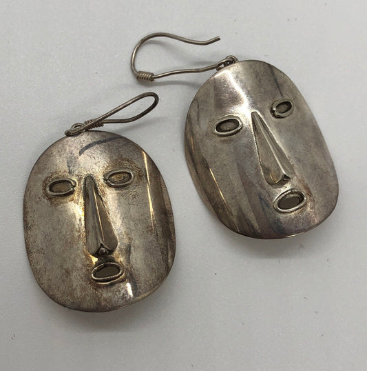 Large Handmade Sterling  Dangle Earrings Indonesia, Vintage old stock, Unique masks