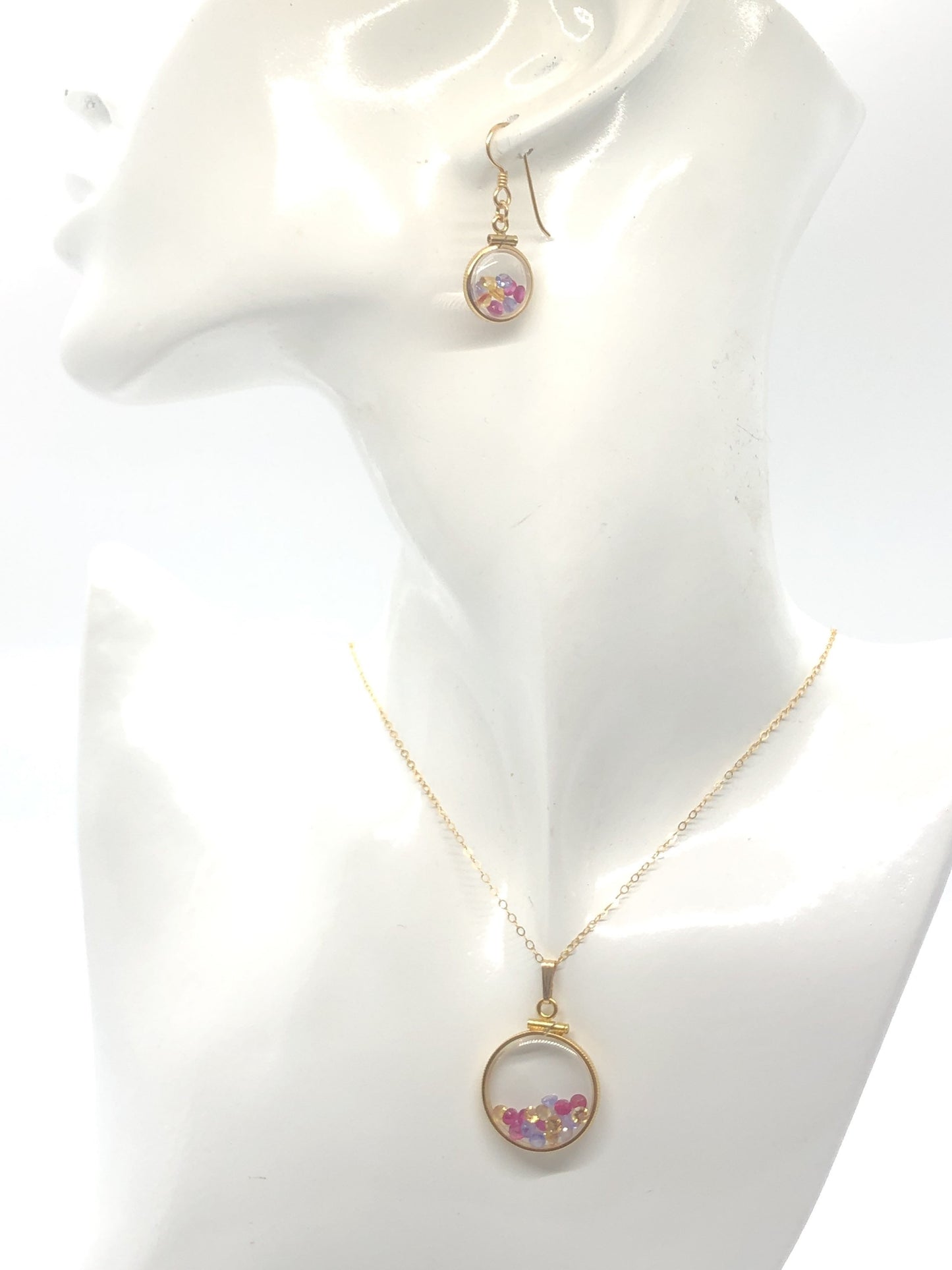 14k gold filled handmade Ruby, Tanzanite, Citrine Shaker Locket and shaker locket earring Set, candy