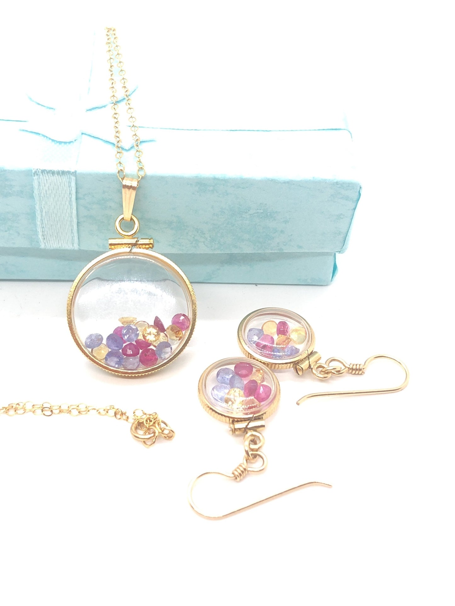 14k gold filled handmade Ruby, Tanzanite, Citrine Shaker Locket and shaker locket earring Set, candy