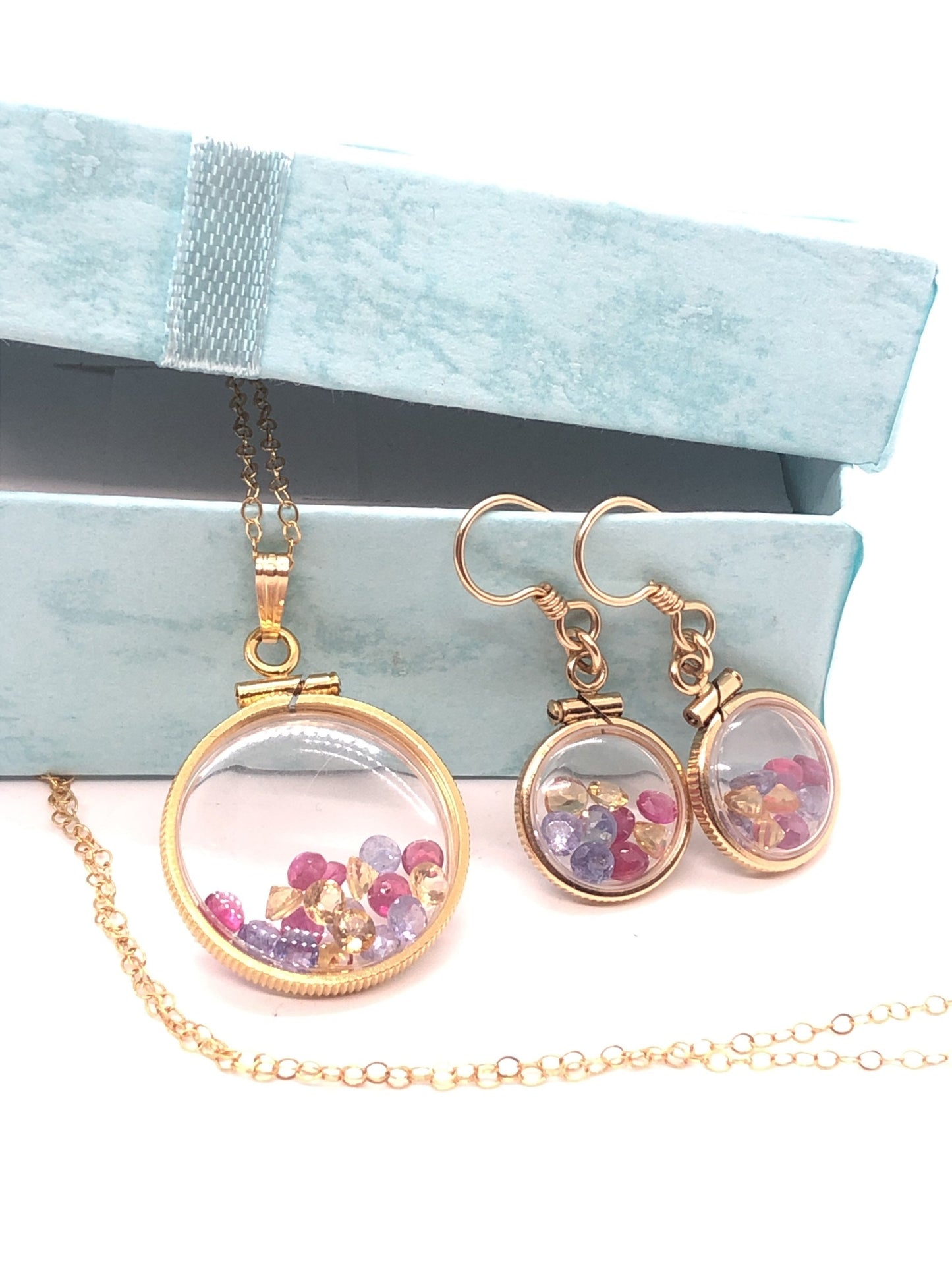 14k gold filled handmade Ruby, Tanzanite, Citrine Shaker Locket and shaker locket earring Set, candy