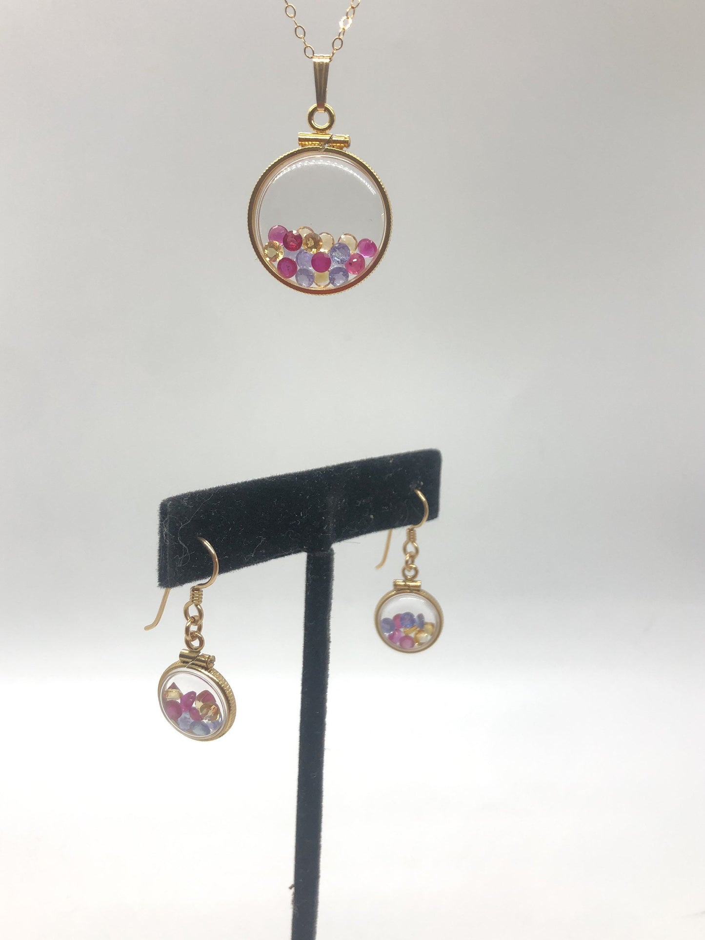 14k gold filled handmade Ruby, Tanzanite, Citrine Shaker Locket and shaker locket earring Set, candy