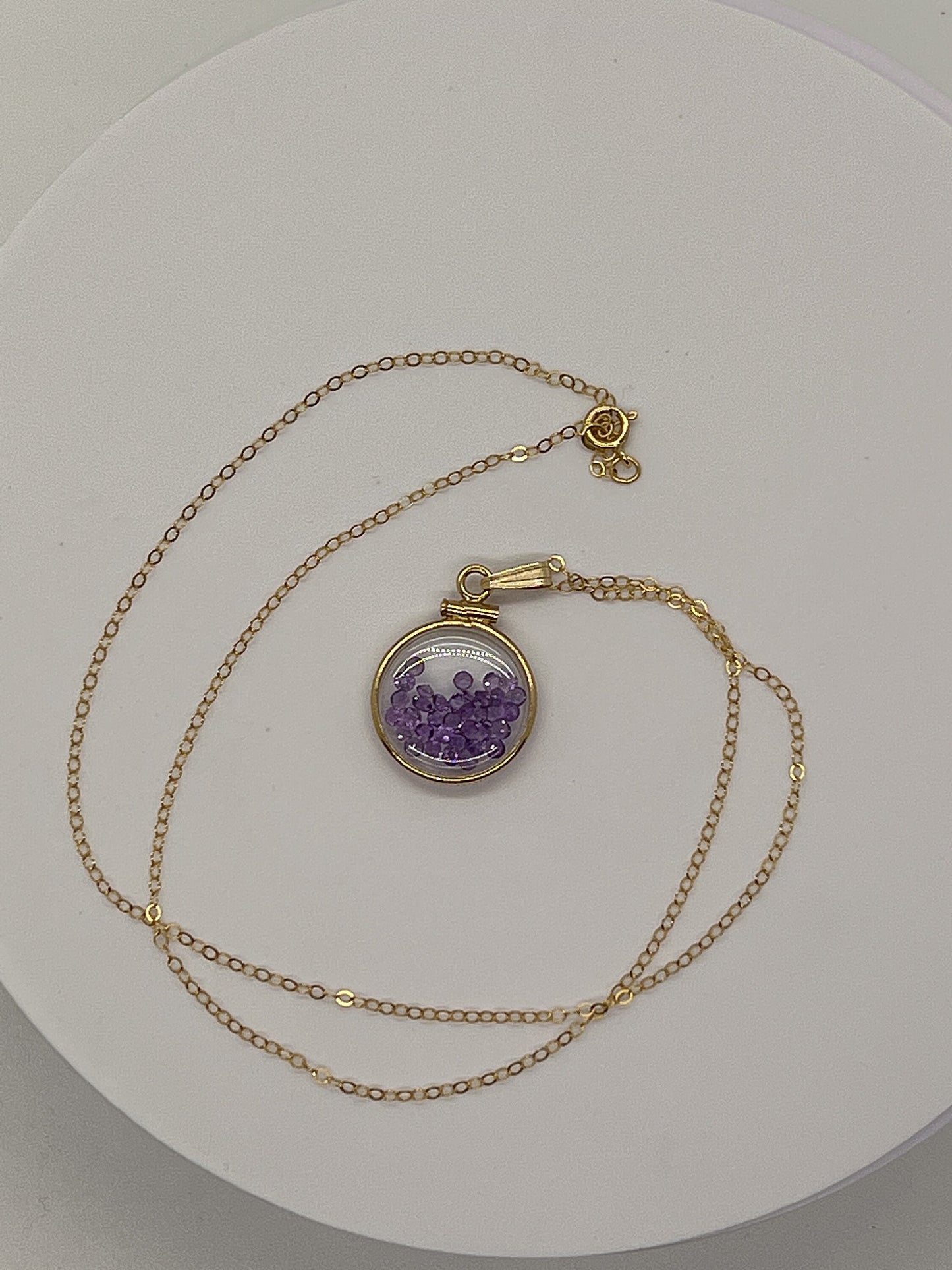 14k Solid Gold Handmade Dime sized Amethyst shaker locket, 1.15 TCW, February birthstone.