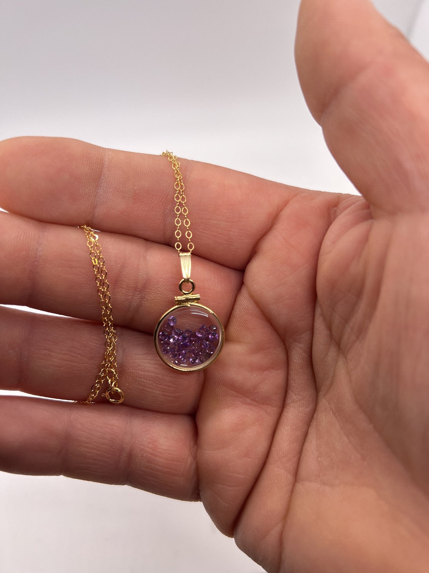 14k Solid Gold Handmade Dime sized Amethyst shaker locket, 1.15 TCW, February birthstone.