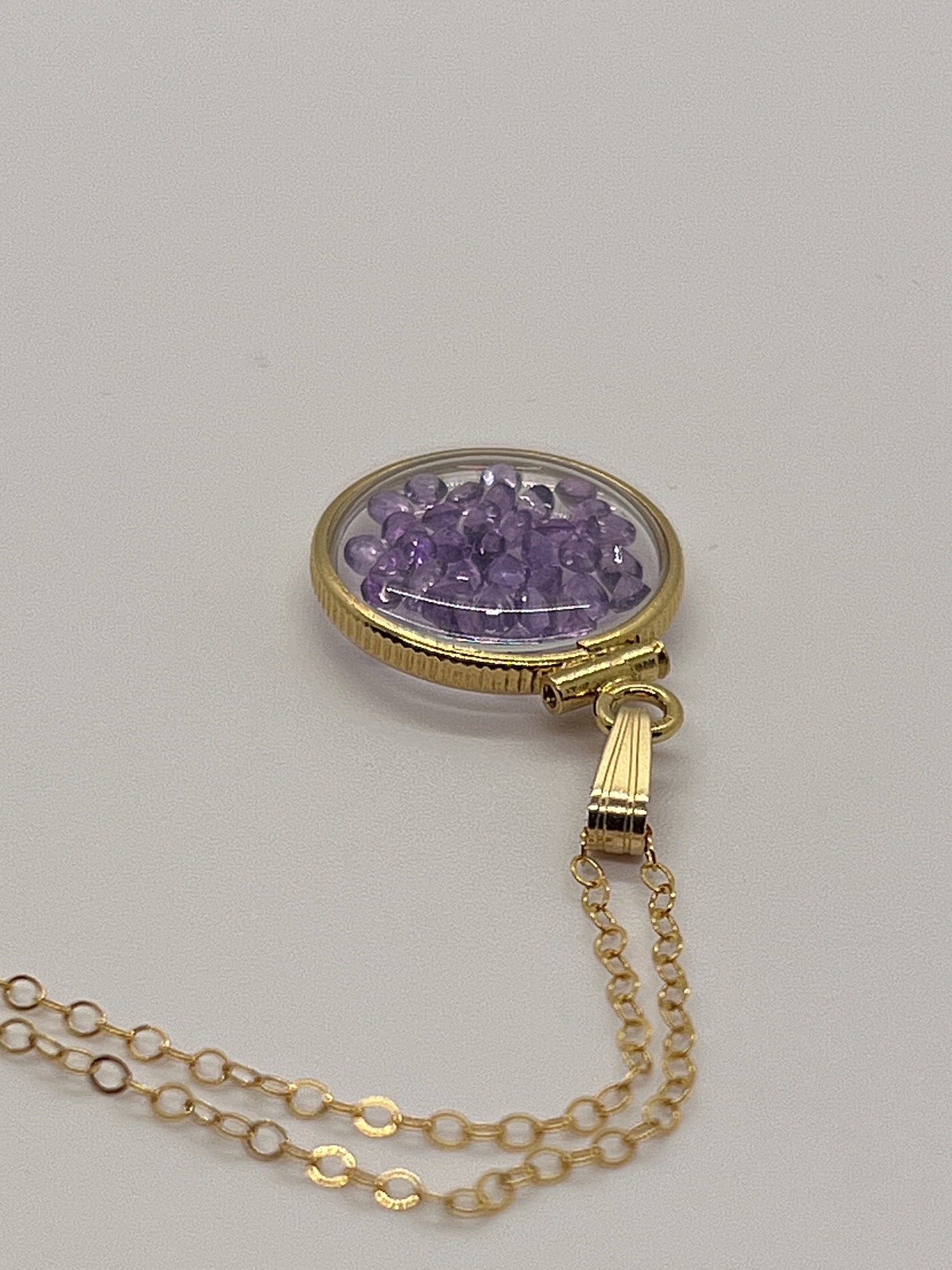 14k Solid Gold Handmade Dime sized Amethyst shaker locket, 1.15 TCW, February birthstone.